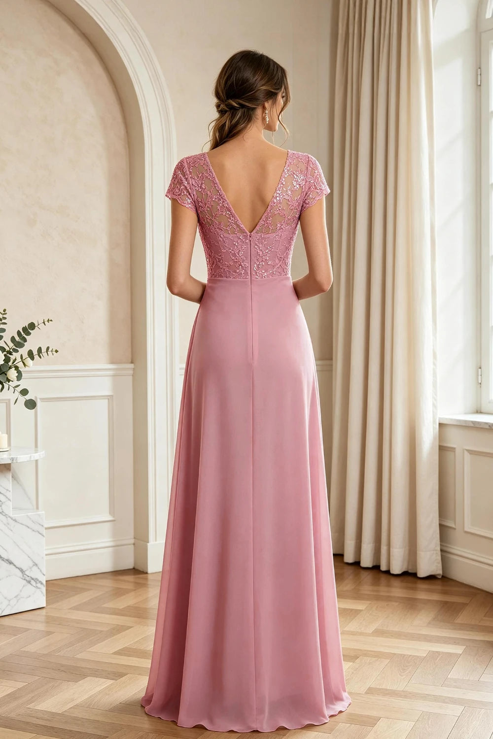 Dusty Rose Lace Cap-Sleeve Draped Chiffon Floor-Length Dress
