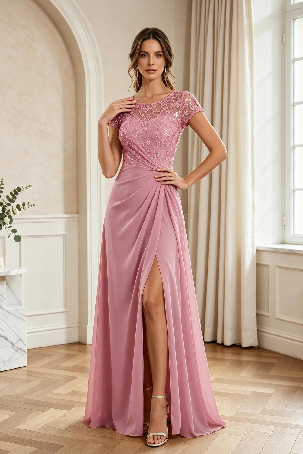 Dusty Rose Lace Cap-Sleeve Draped Chiffon Floor-Length Dress