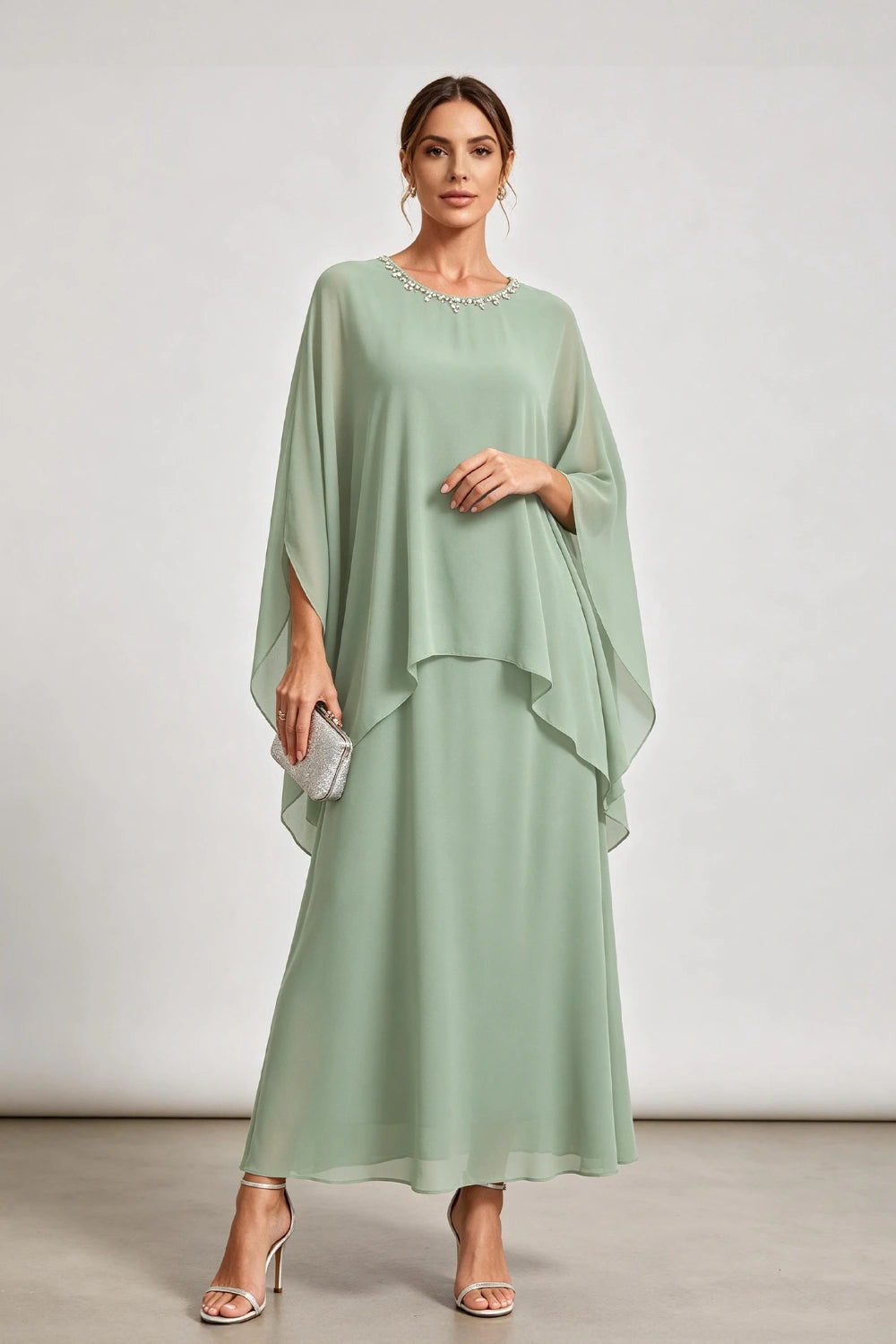 Dusty Sage Beaded Neck Draped Overlay Chiffon Mother of the Bride Dress