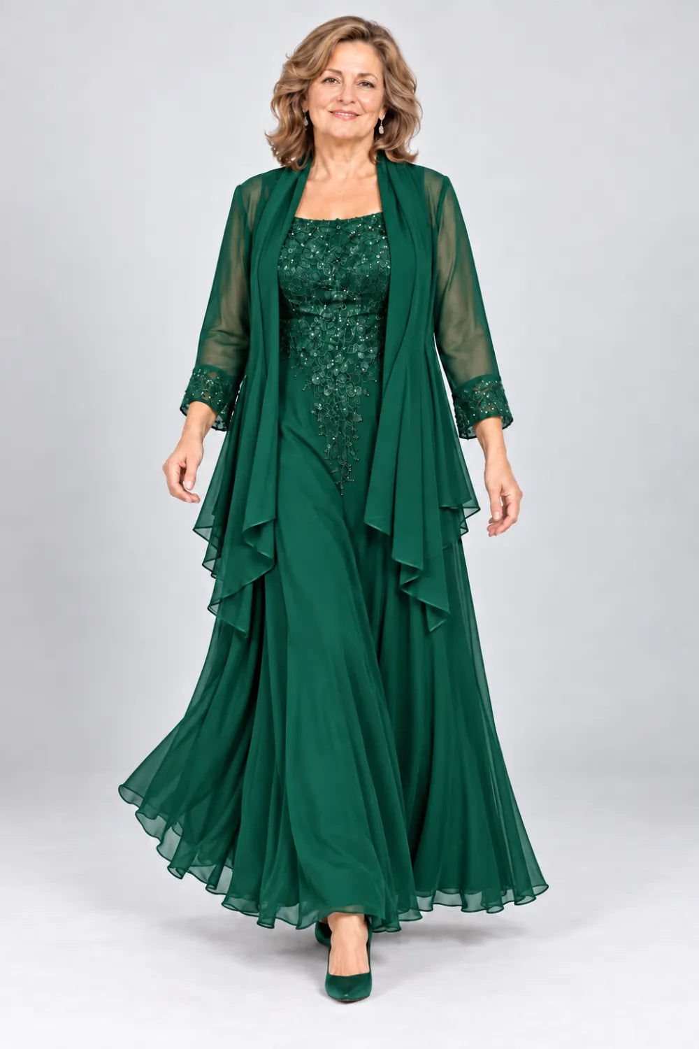 Emerald Green dress with floral bodice and matching decorated cuffs, front view.