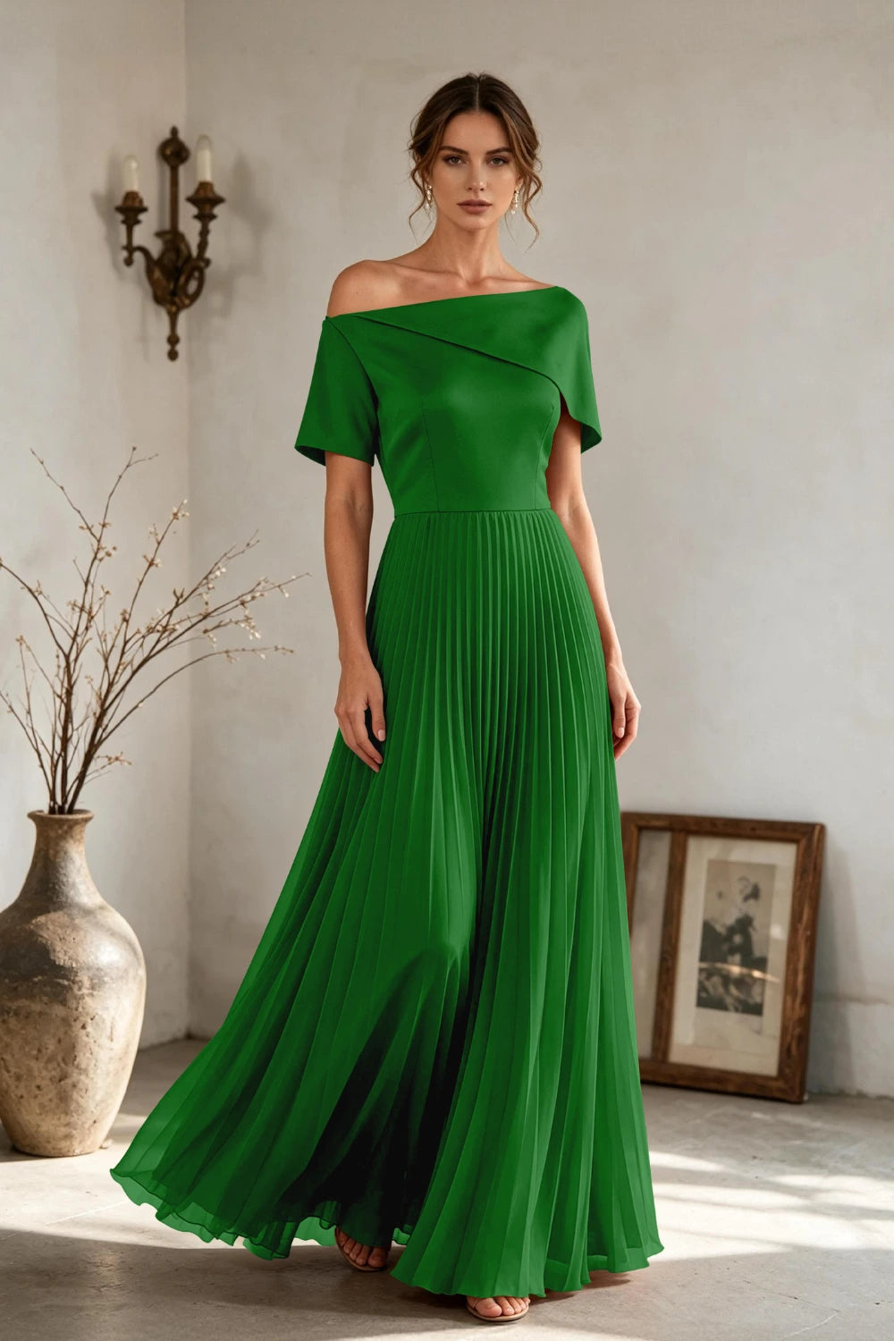 Copper Brown Off-Shoulder Draped Pleated Chiffon Floor-Length Dress