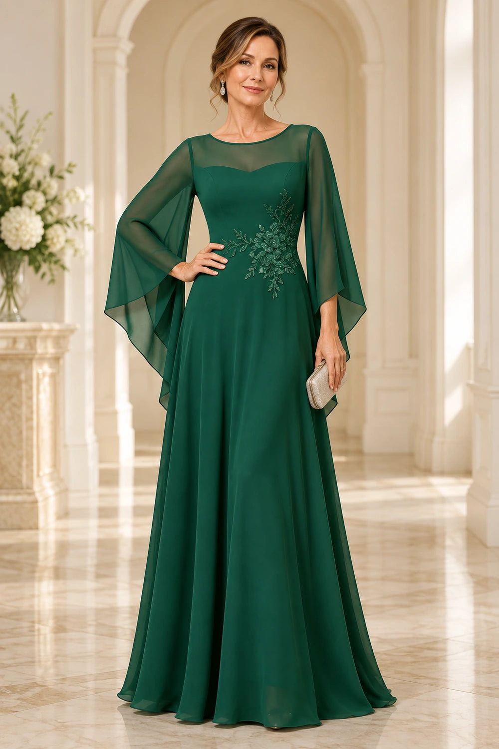 Beaded Waist Sheer Yoke Long Sleeve Chiffon Mother of the Bride Dress