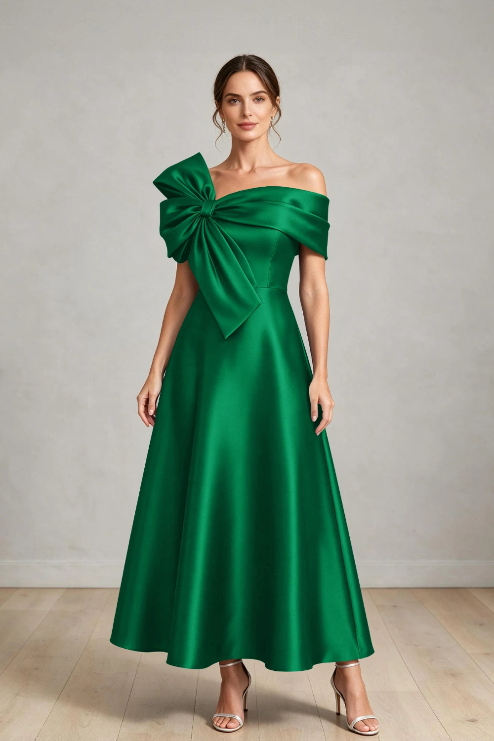 Oversized Bow Off-Shoulder Satin Midi Mother of the Bride Dress
