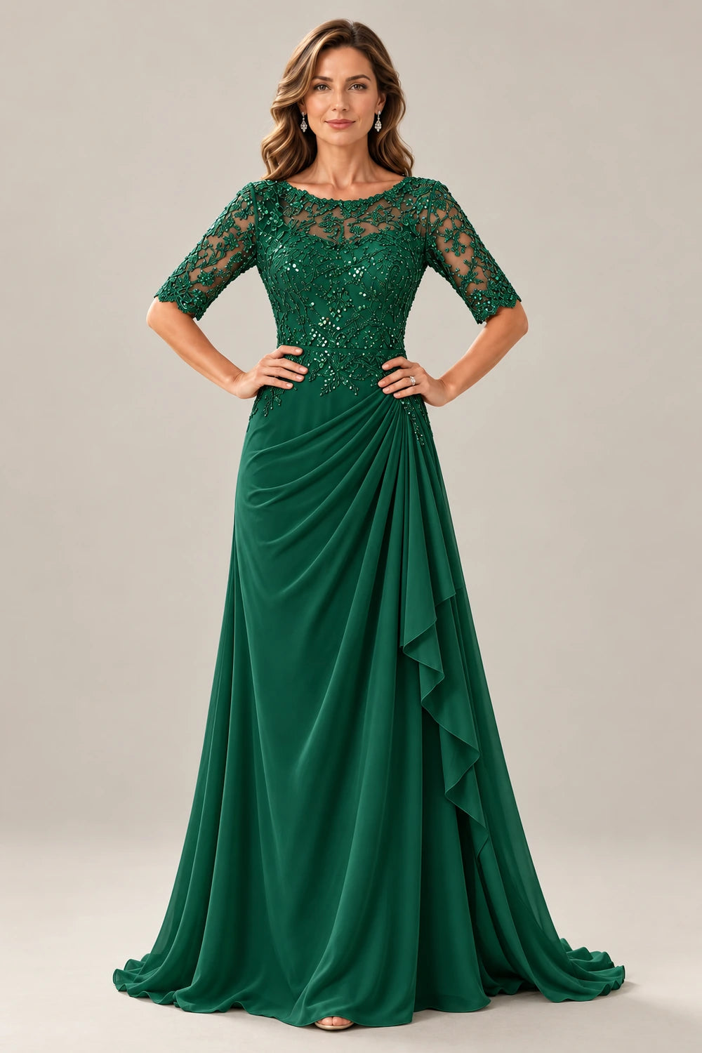 Lace Bodice Three-Quarter Sleeve Draped Side Chiffon Floor-Length Dress