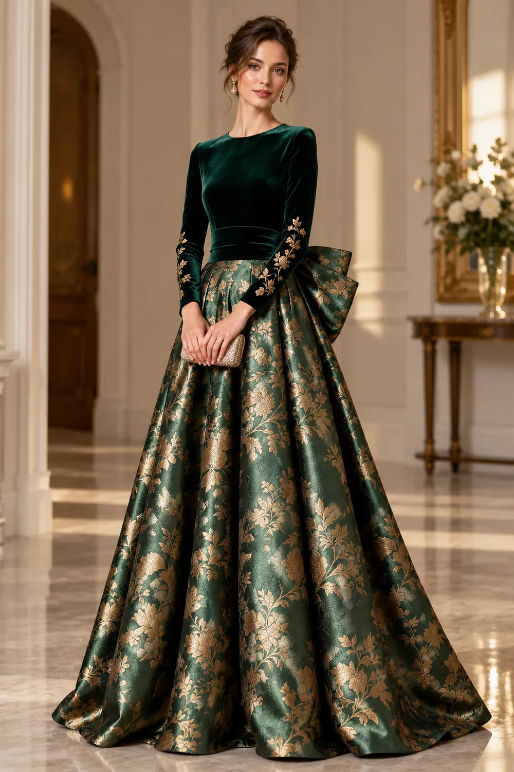 Emerald Green Floral Skirt and Back Bow Mother of the Bride Gown
