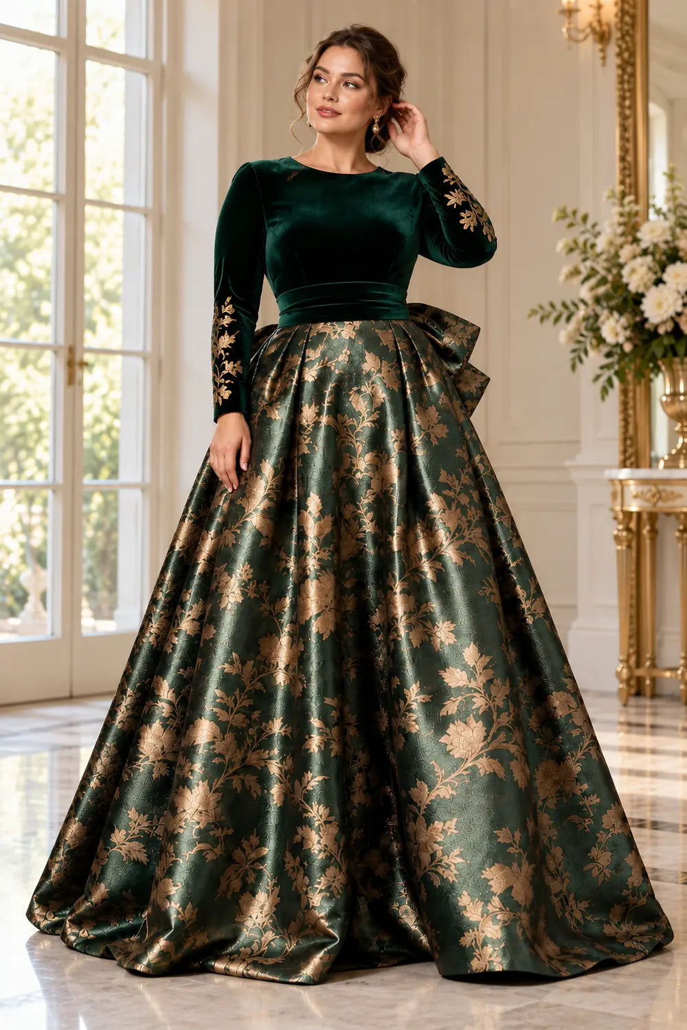Emerald Green Floral Skirt and Back Bow Mother of the Bride Gown