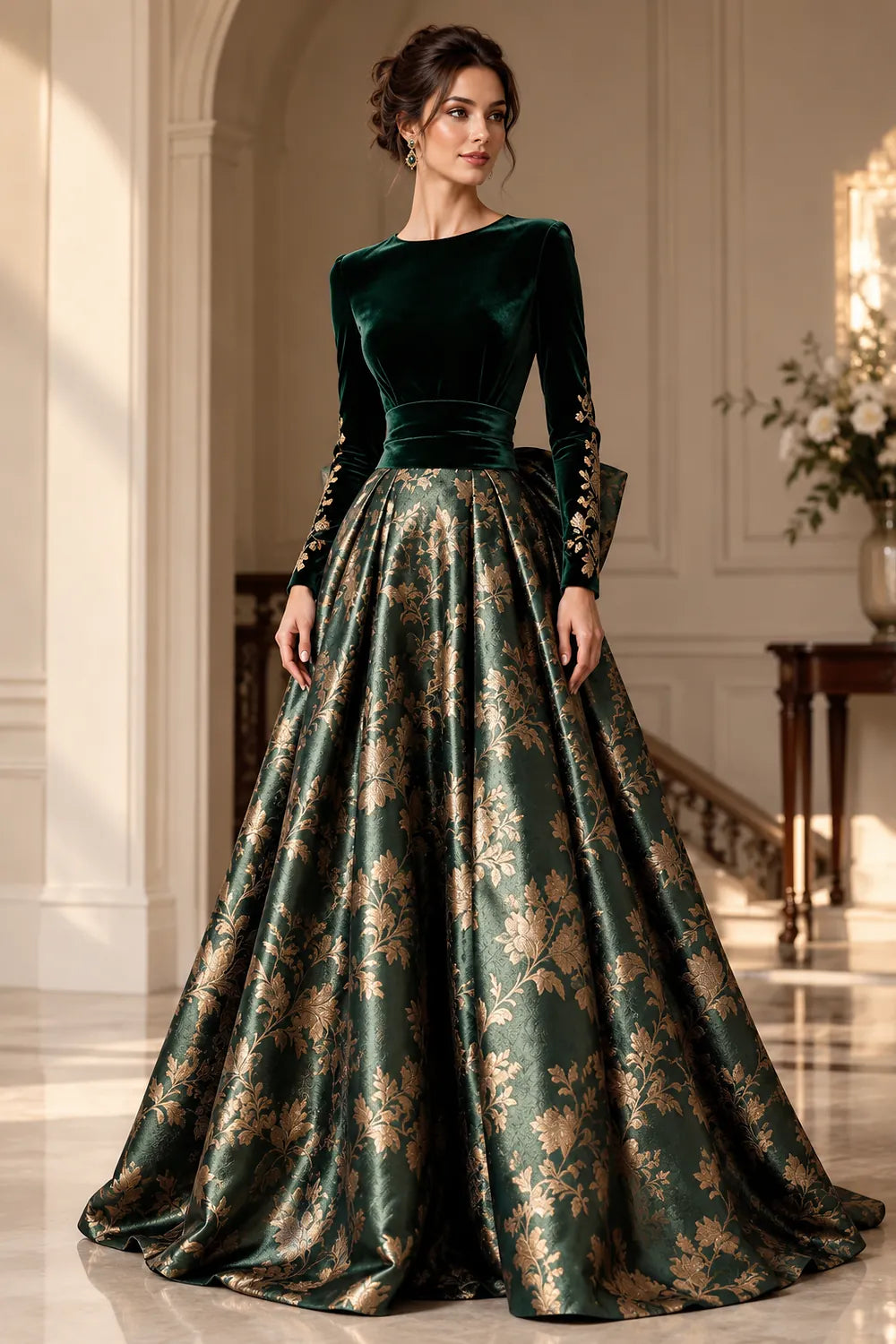 Emerald Green Floral Skirt and Back Bow Mother of the Bride Gown