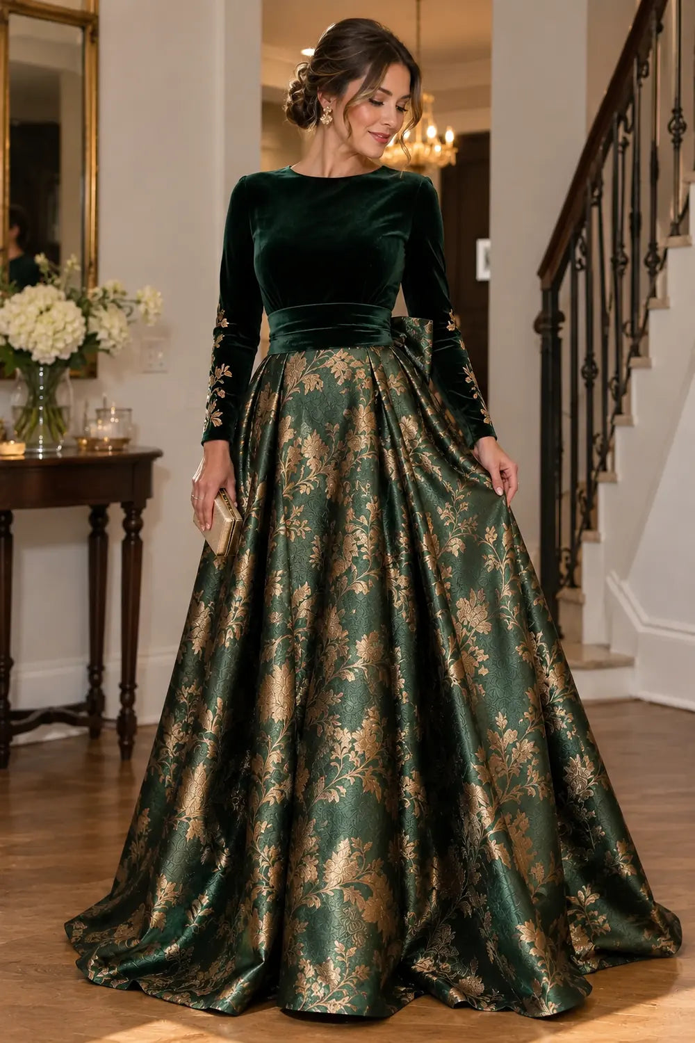 Emerald Green Floral Skirt and Back Bow Mother of the Bride Gown