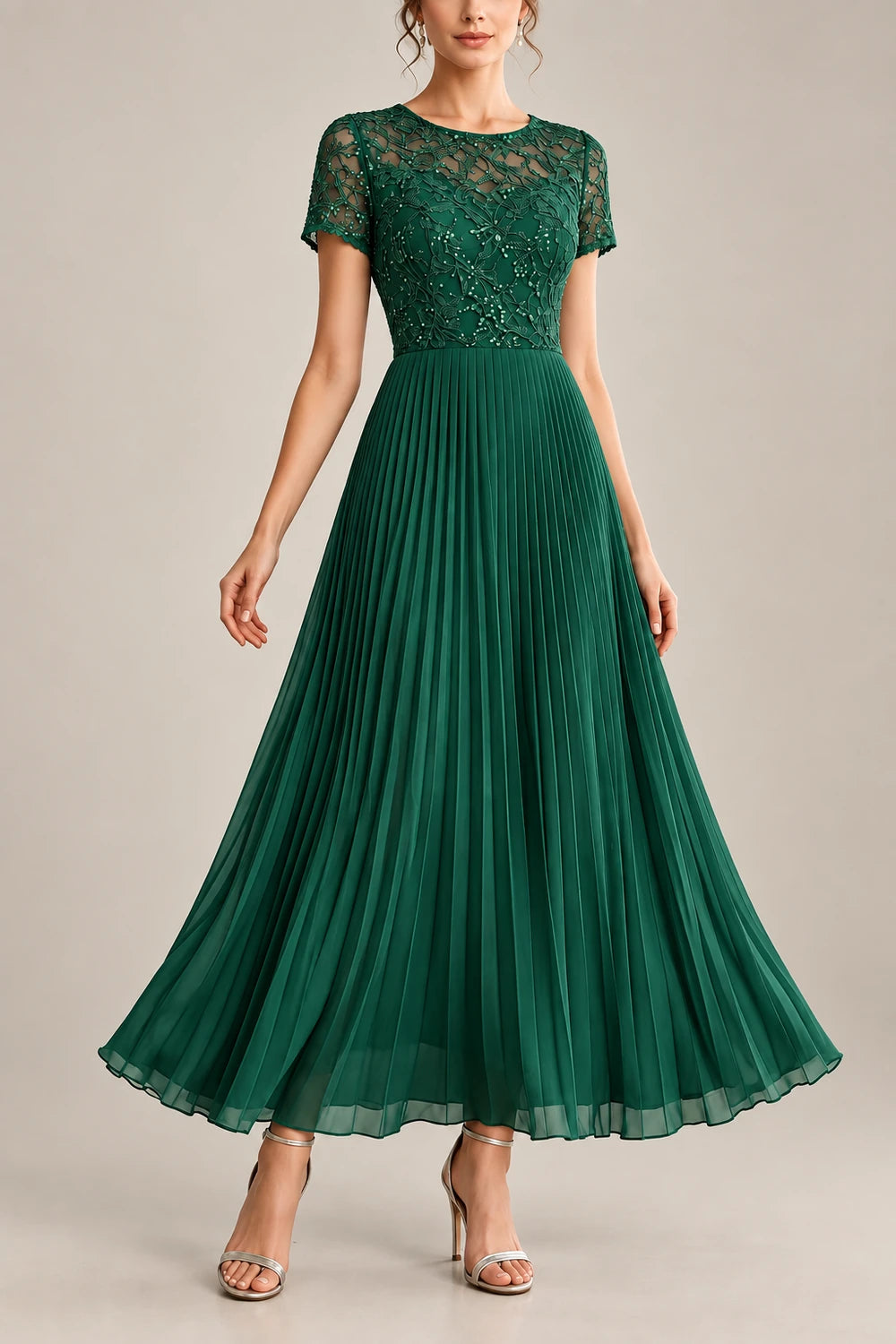 Lace Short Sleeve Pleated Chiffon Tea-Length Dress