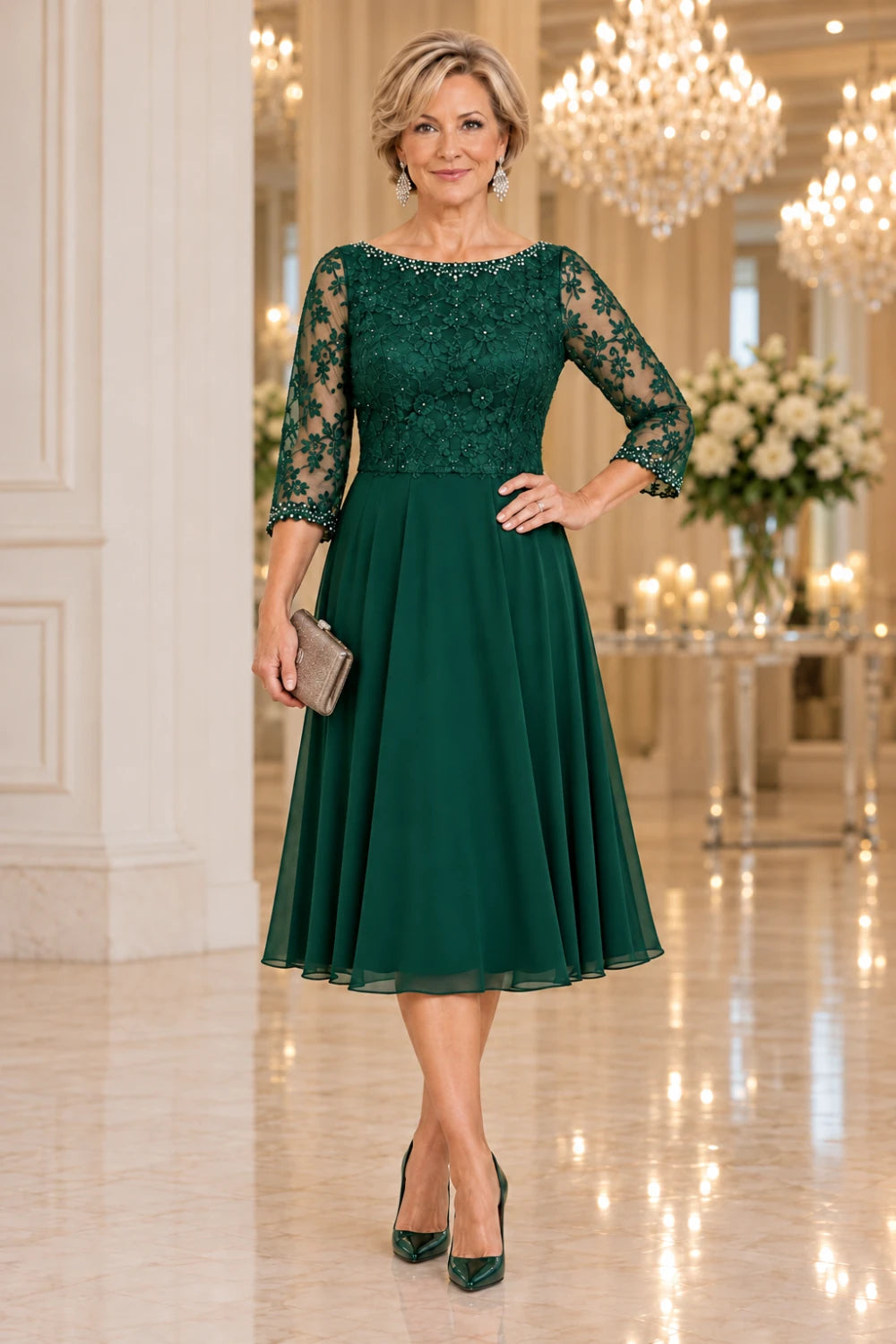 Emerald green dress with a full lace bodice, three-quarter sleeves and flared midi skirt, front view.