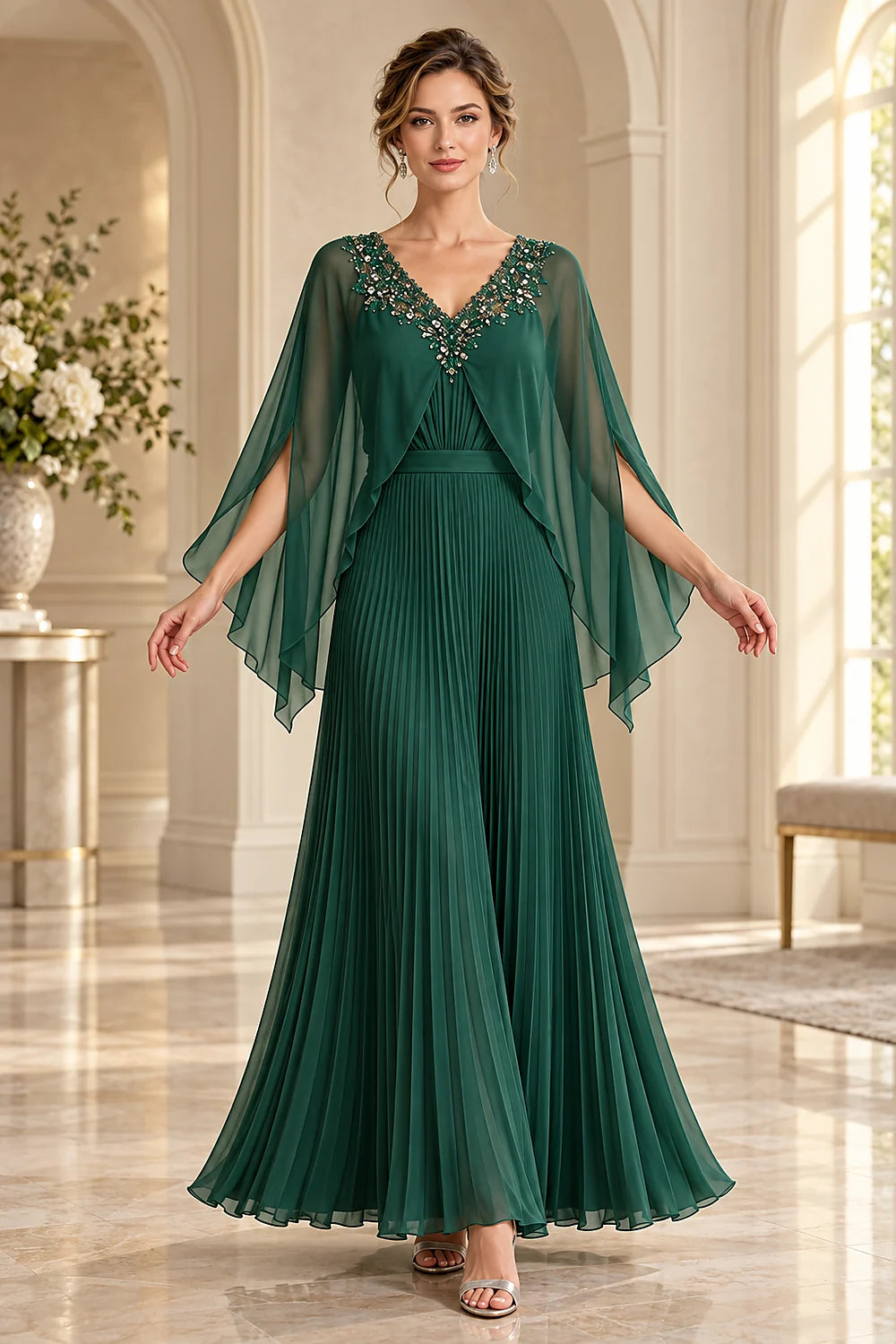 Pleated Cape Sleeve Chiffon Mother of the Bride Dress