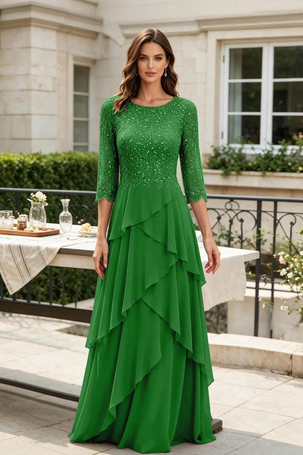 Gray Sequin Lace Bodice Three-Quarter Sleeve Tiered Ruffle Chiffon Floor-Length Dress