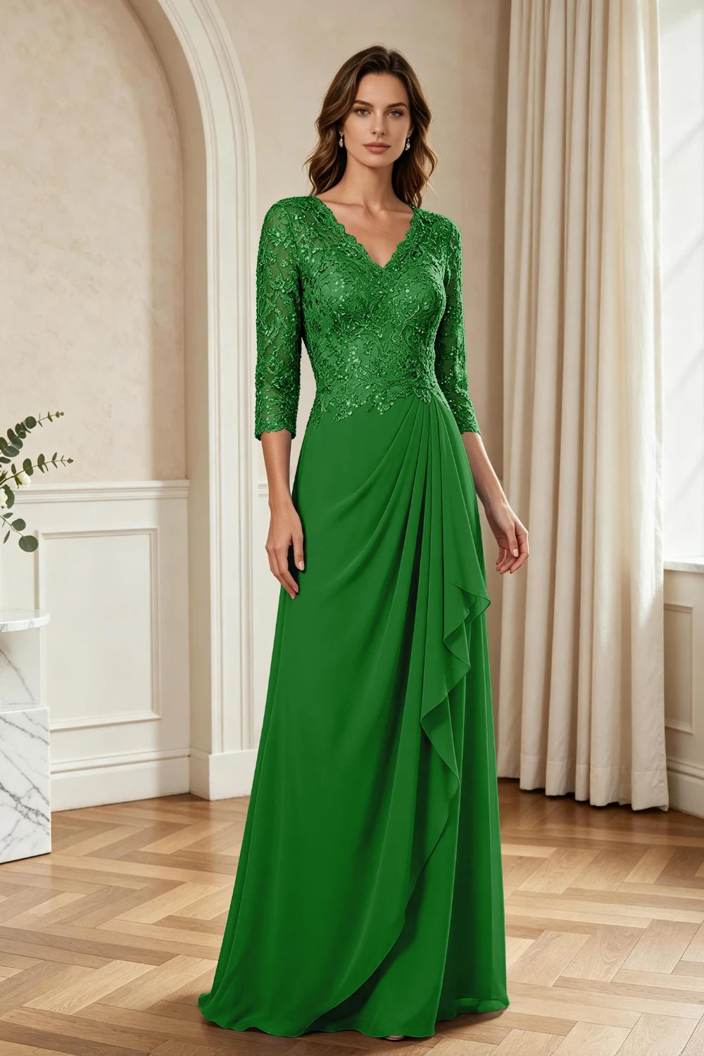 Dusty Blue Lace Three-Quarter Sleeve Draped Cascade Chiffon Floor-Length Dress