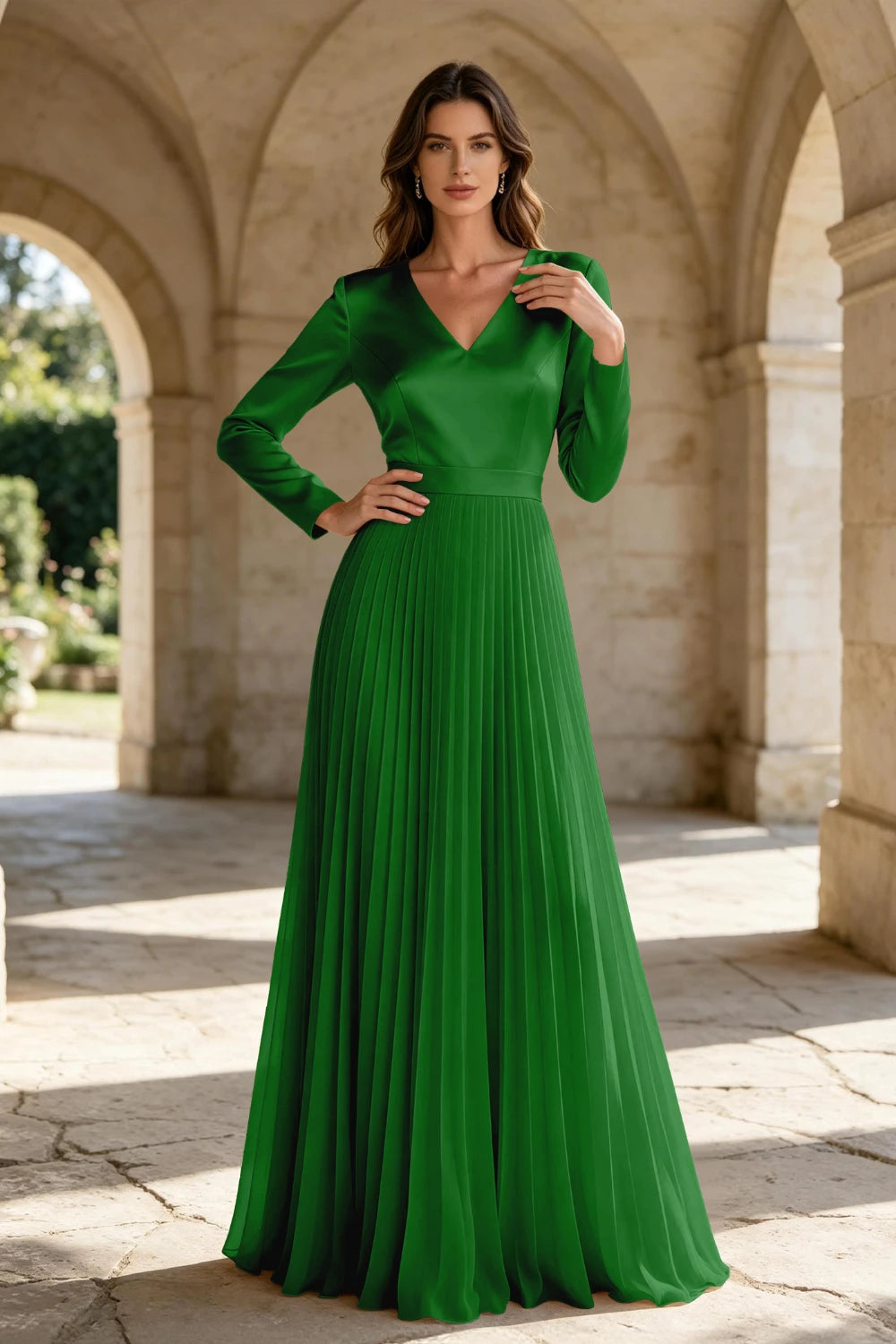 Champagne Satin Long Sleeve Knife-Pleated Chiffon Floor-Length Dress