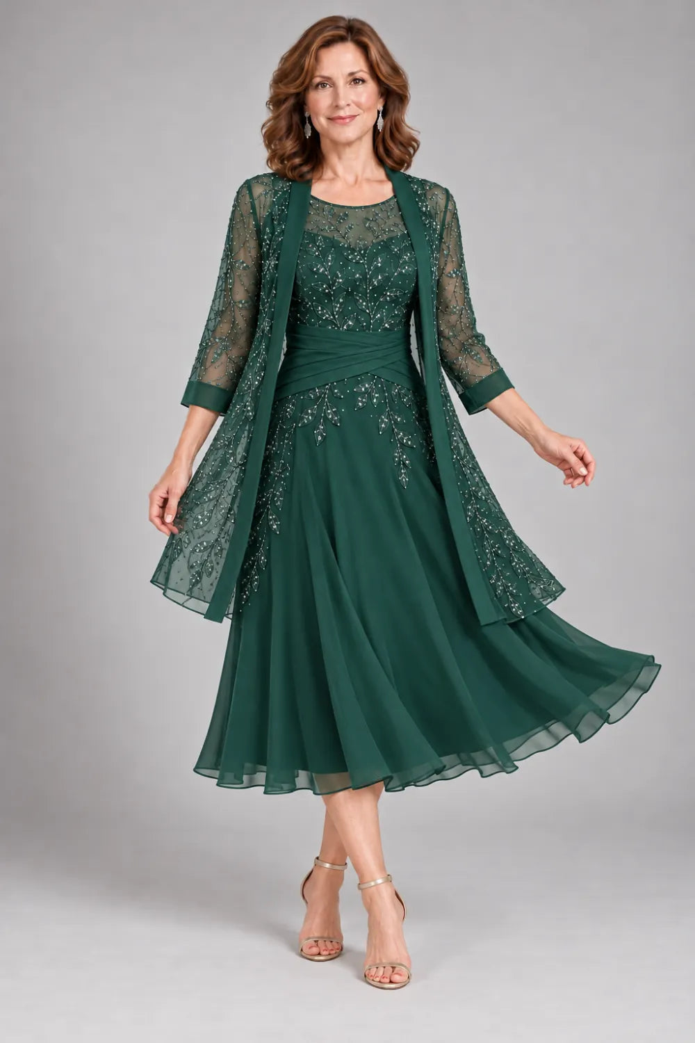 Emerald Green dress with floral lace extending below the waist, posed front view.