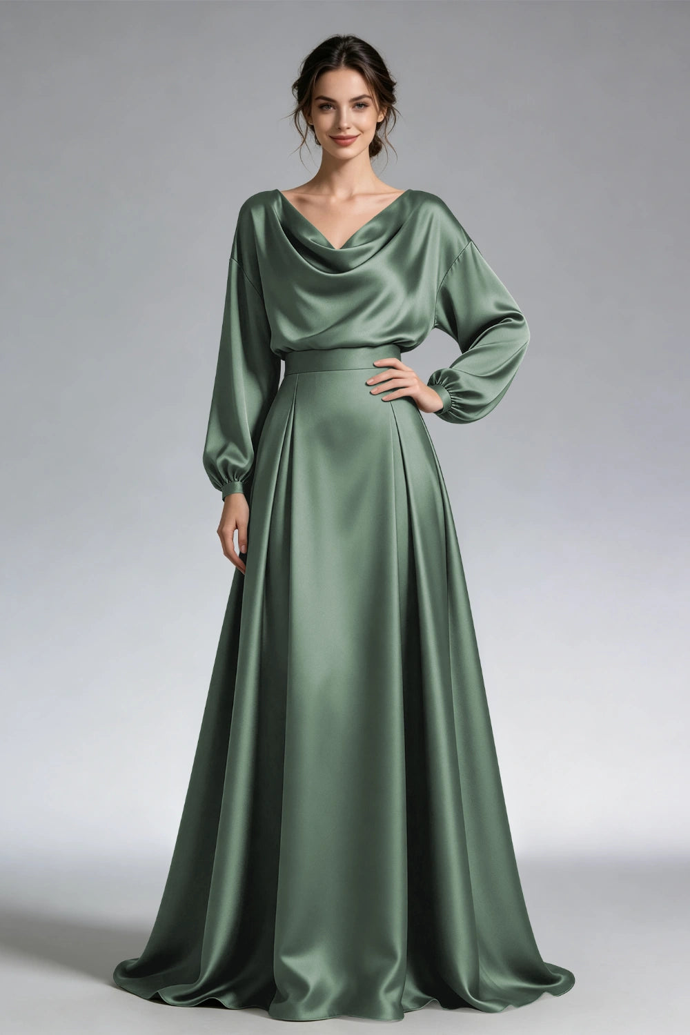 Front view of the forest green cowl-neck gown with loose long sleeves and a wide waistband.