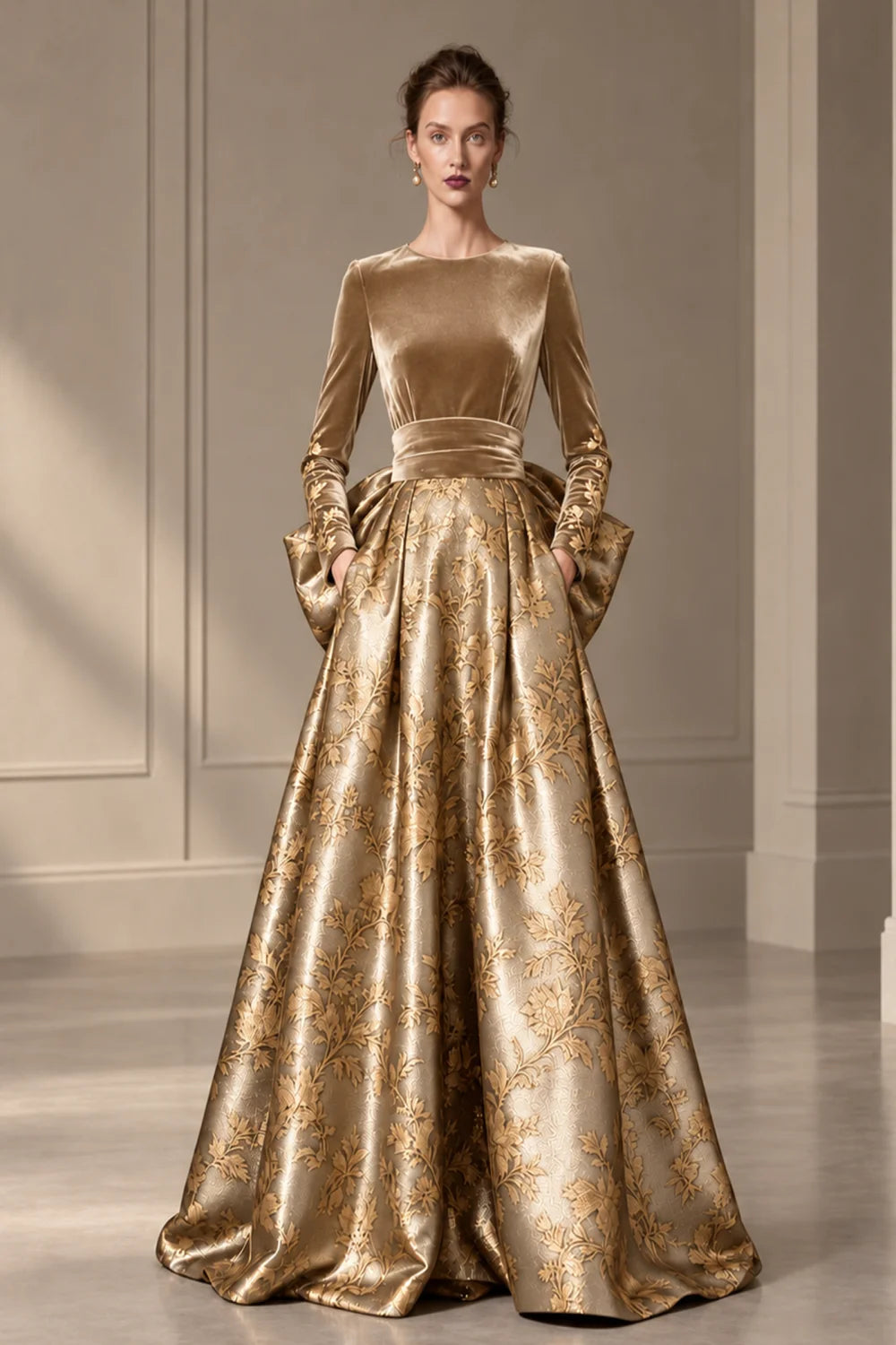 Front view of a gold dress with a dark bodice and a full floral skirt.