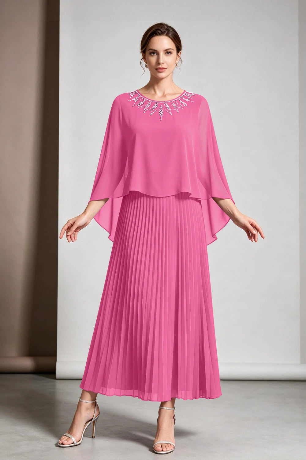 Plum Beaded Cape Sleeve Pleated Chiffon Mother of the Bride Dress