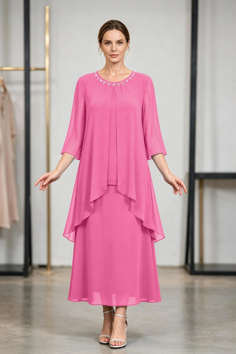 Peacock Blue Beaded Tier Chiffon Mother of the Bride Dress