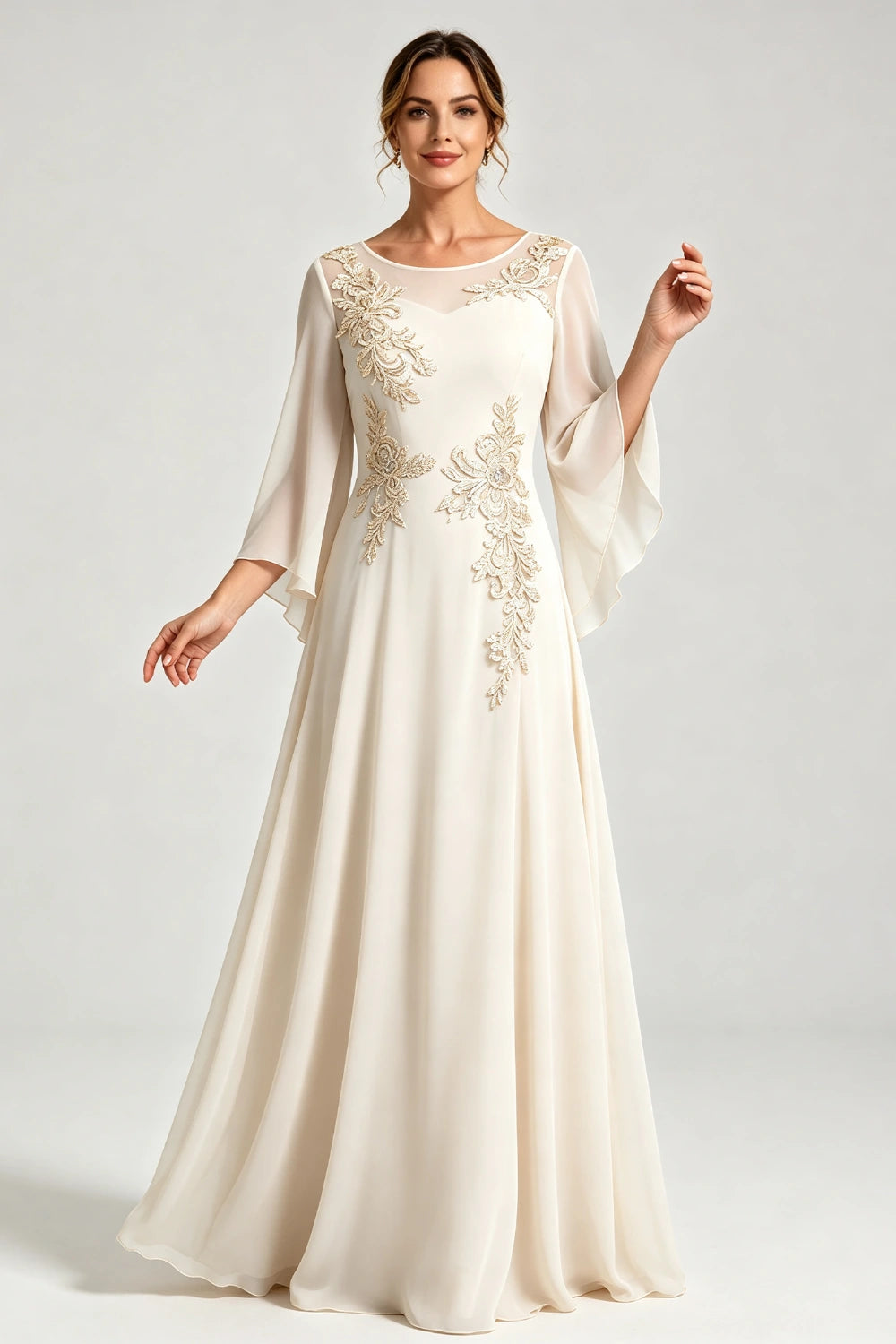 Dusty Blue Lace Applique Sheer Yoke Long Sleeve Chiffon Mother of the Bride Dress