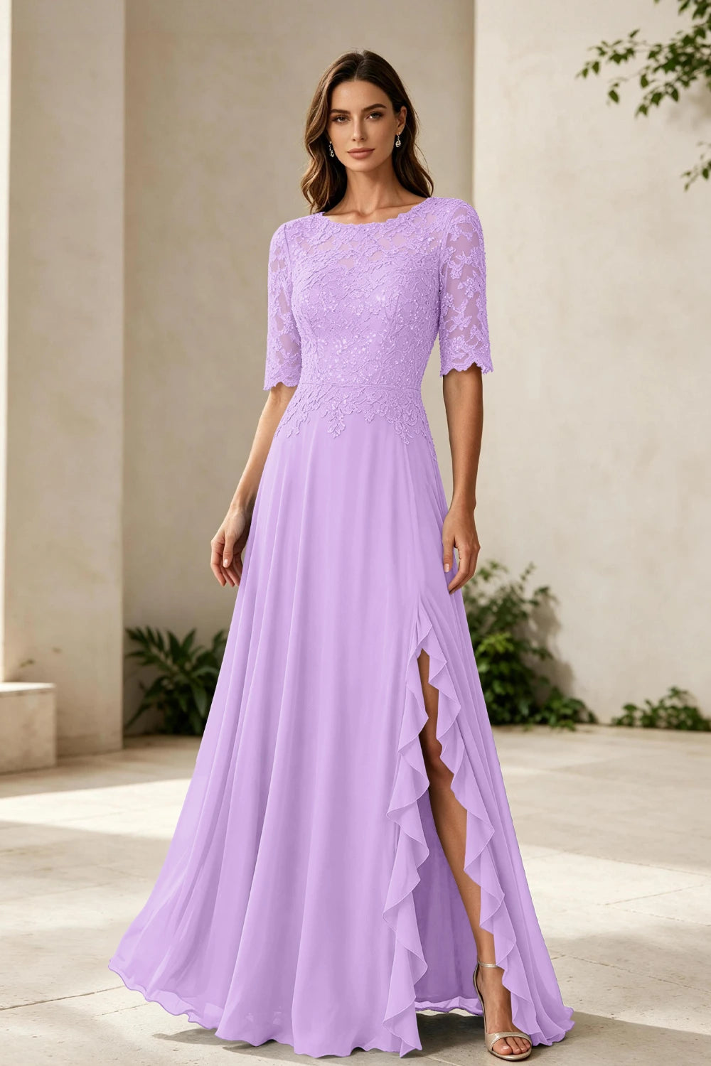 Dusty Blue Lace Bodice Three-Quarter Sleeve Ruffle Slit Chiffon Floor-Length Dress