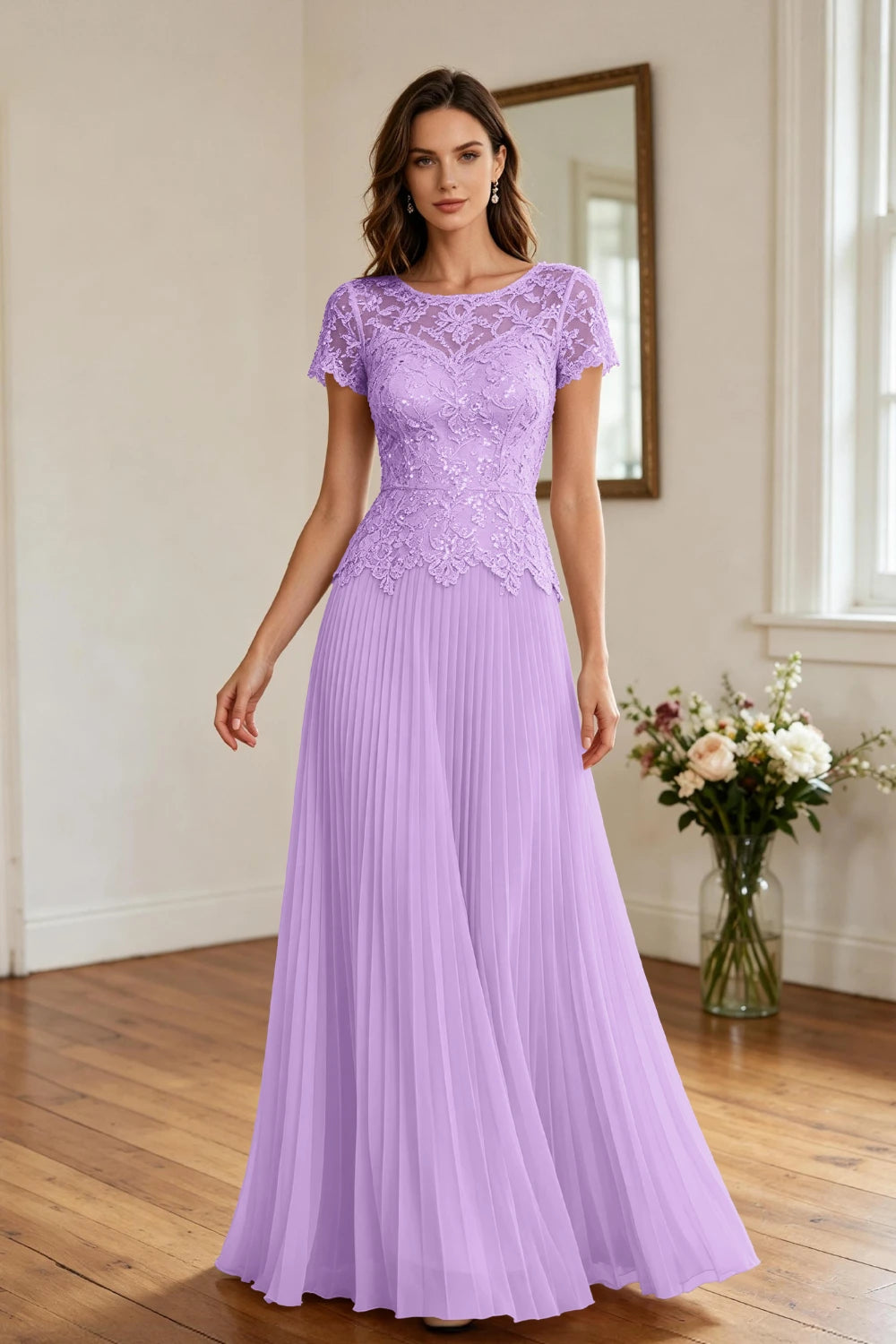 Champagne Lace Short Sleeve Pleated Chiffon Floor-Length Dress