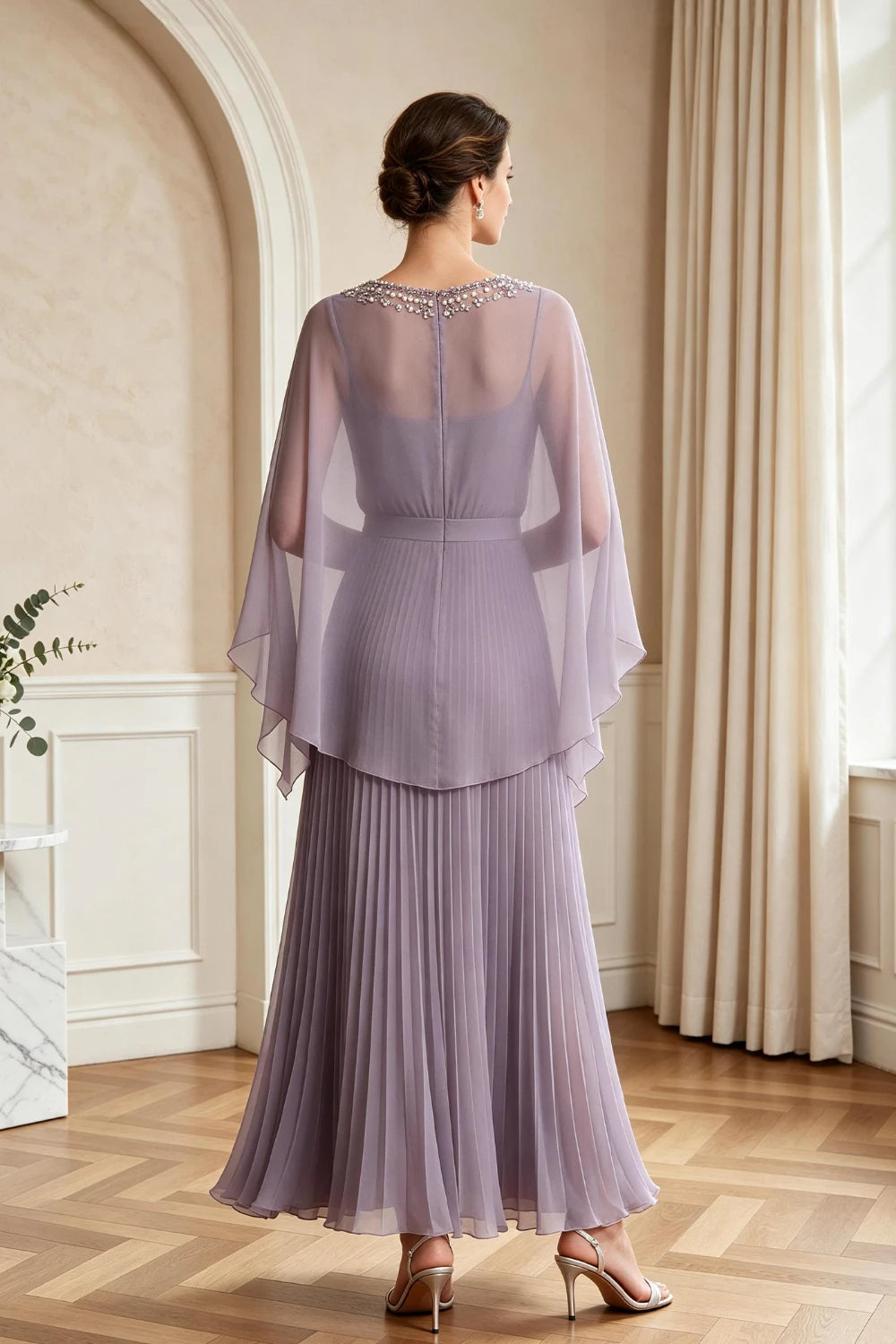 Lavender Pleated Cape Sleeve Chiffon Mother of the Bride Dress