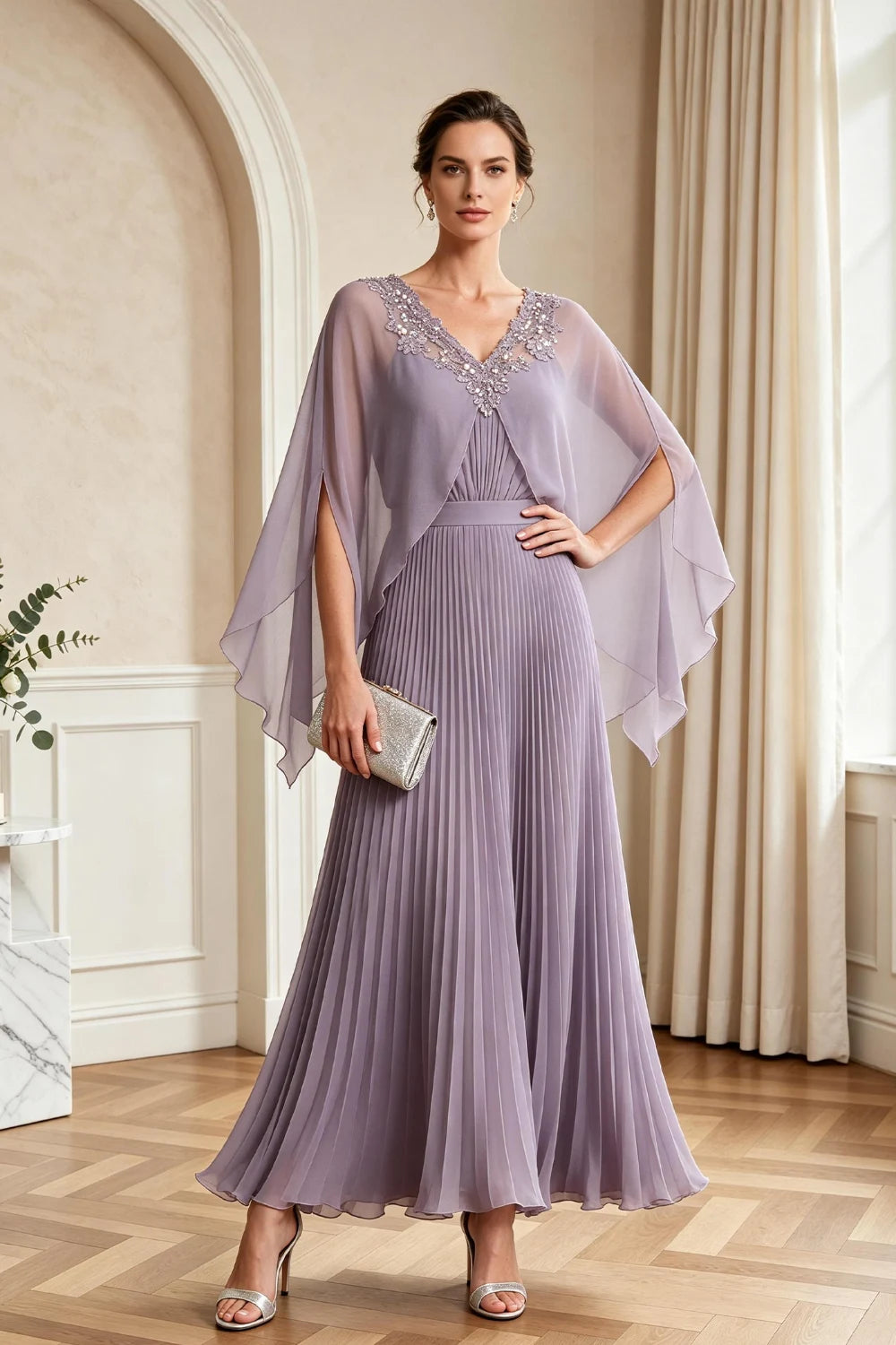 Lavender Pleated Cape Sleeve Chiffon Mother of the Bride Dress