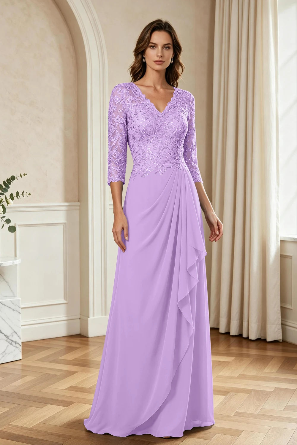 Dusty Blue Lace Three-Quarter Sleeve Draped Cascade Chiffon Floor-Length Dress