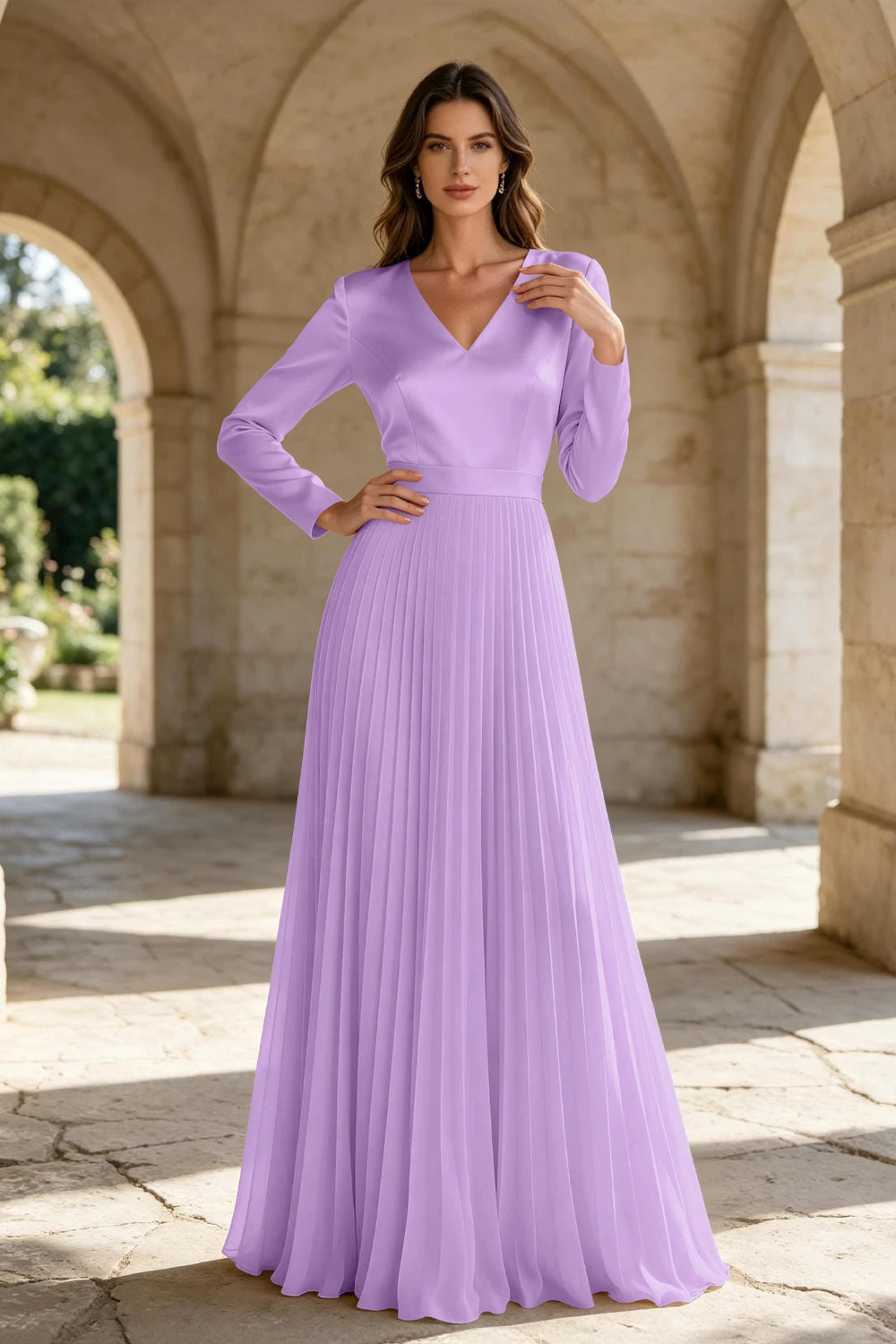 Champagne Satin Long Sleeve Knife-Pleated Chiffon Floor-Length Dress