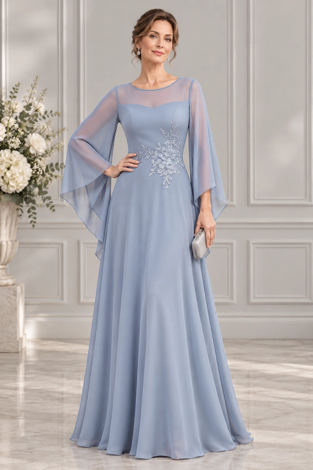 Beaded Waist Sheer Yoke Long Sleeve Chiffon Mother of the Bride Dress