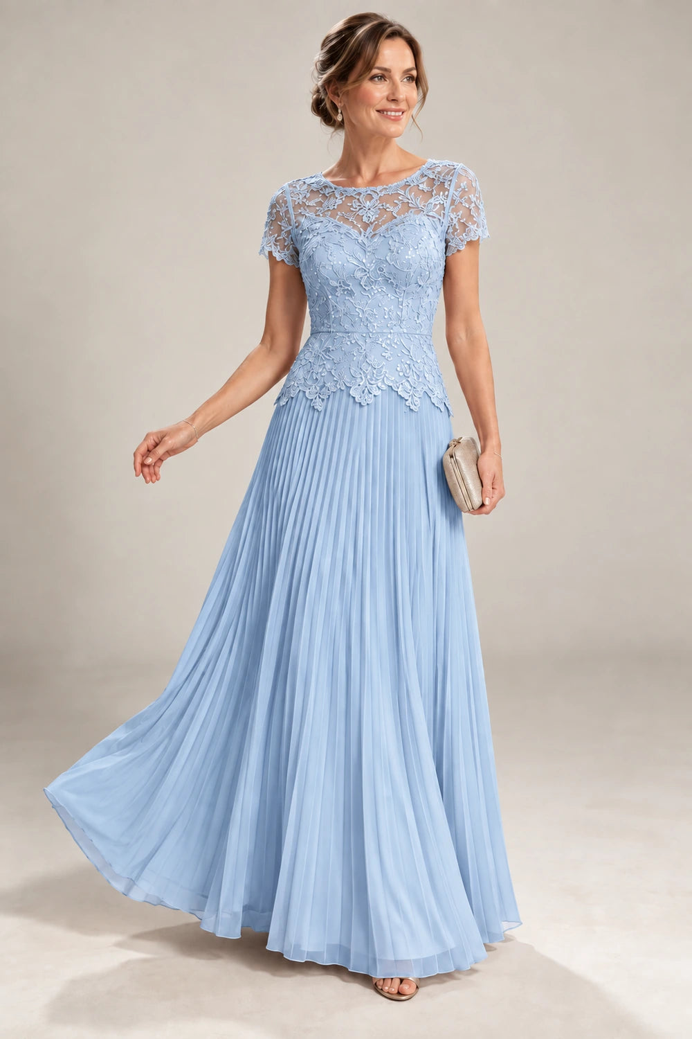 Lace Short Sleeve Pleated Chiffon Floor-Length Dress