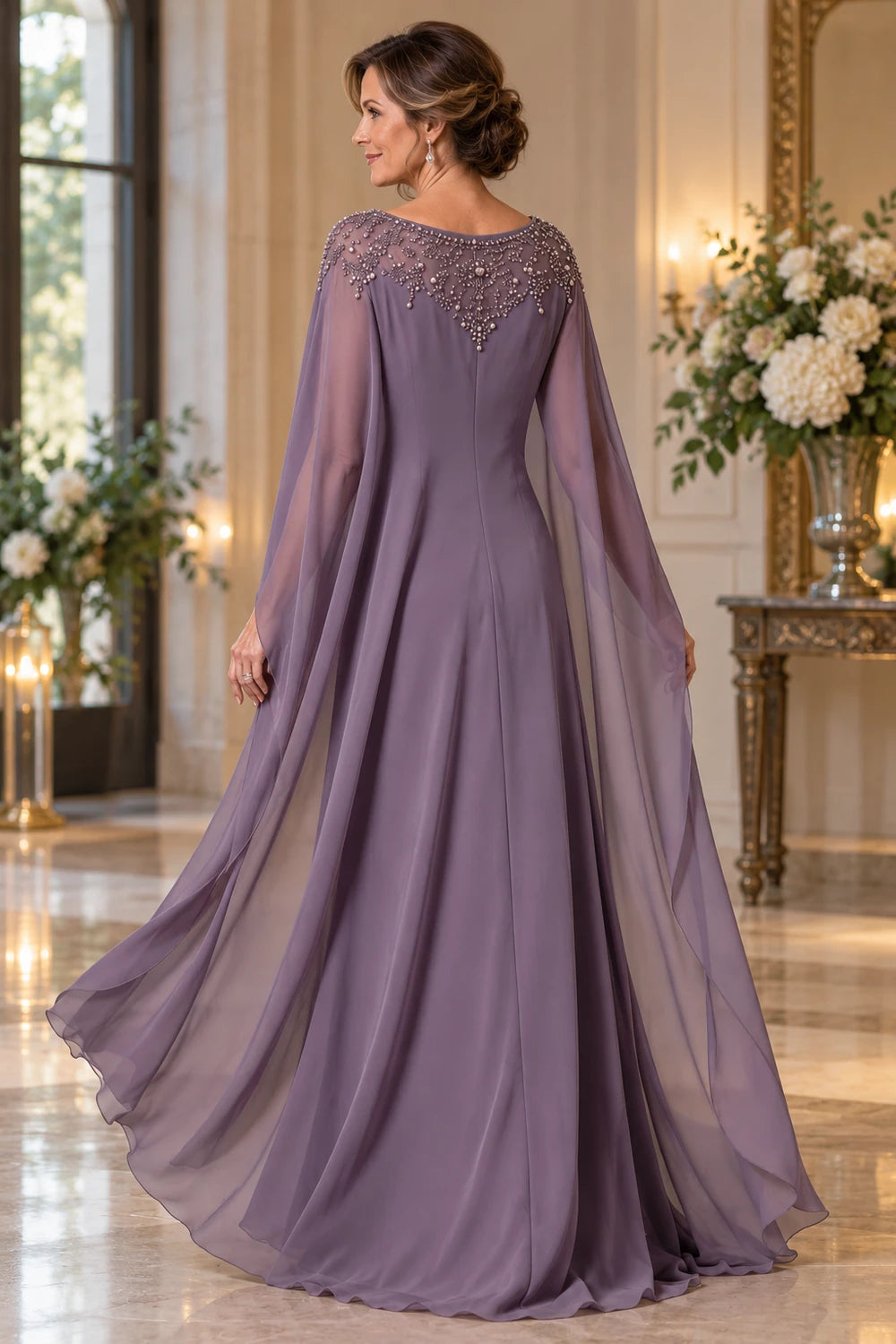 Mauve Decorated Neck Long Cape Mother of the Bride Gown