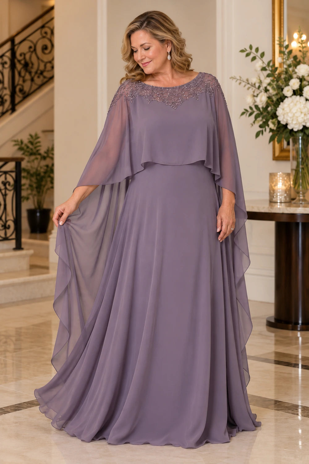 Mauve Decorated Neck Long Cape Mother of the Bride Gown