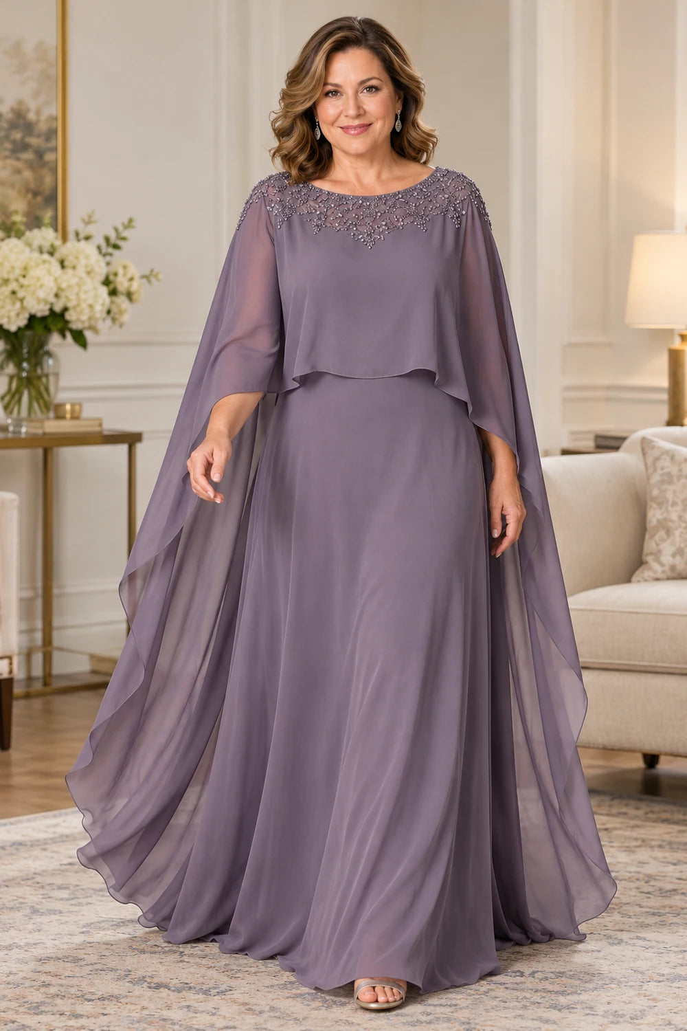 Mauve Decorated Neck Long Cape Mother of the Bride Gown