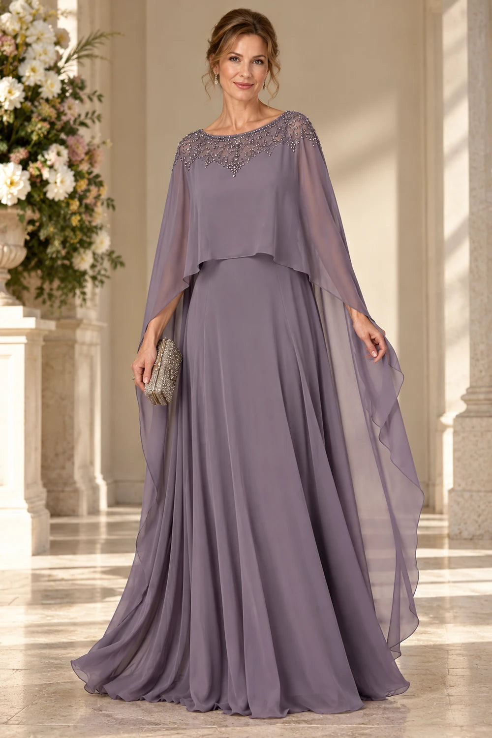 Mauve Decorated Neck Long Cape Mother of the Bride Gown