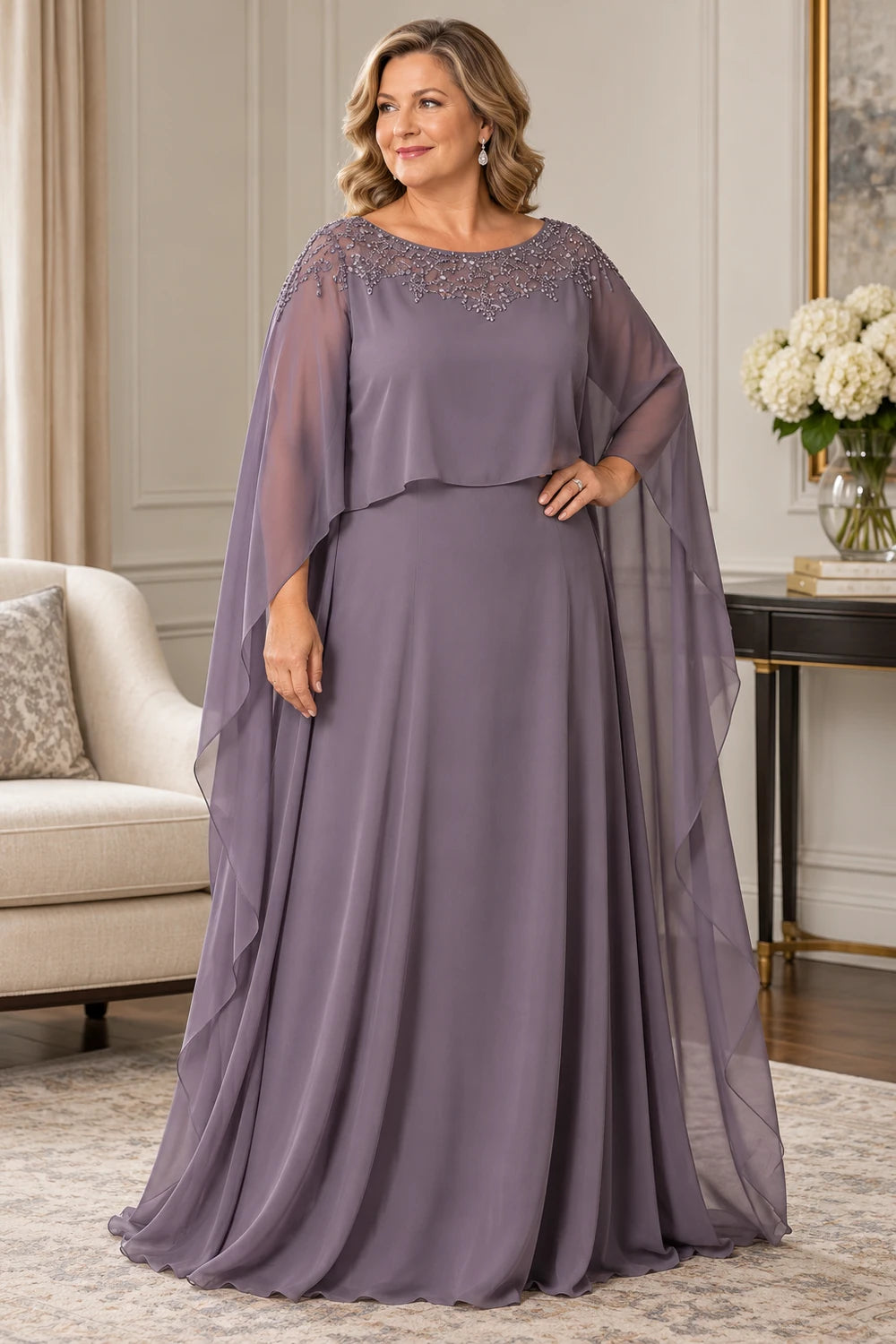 Mauve Decorated Neck Long Cape Mother of the Bride Gown