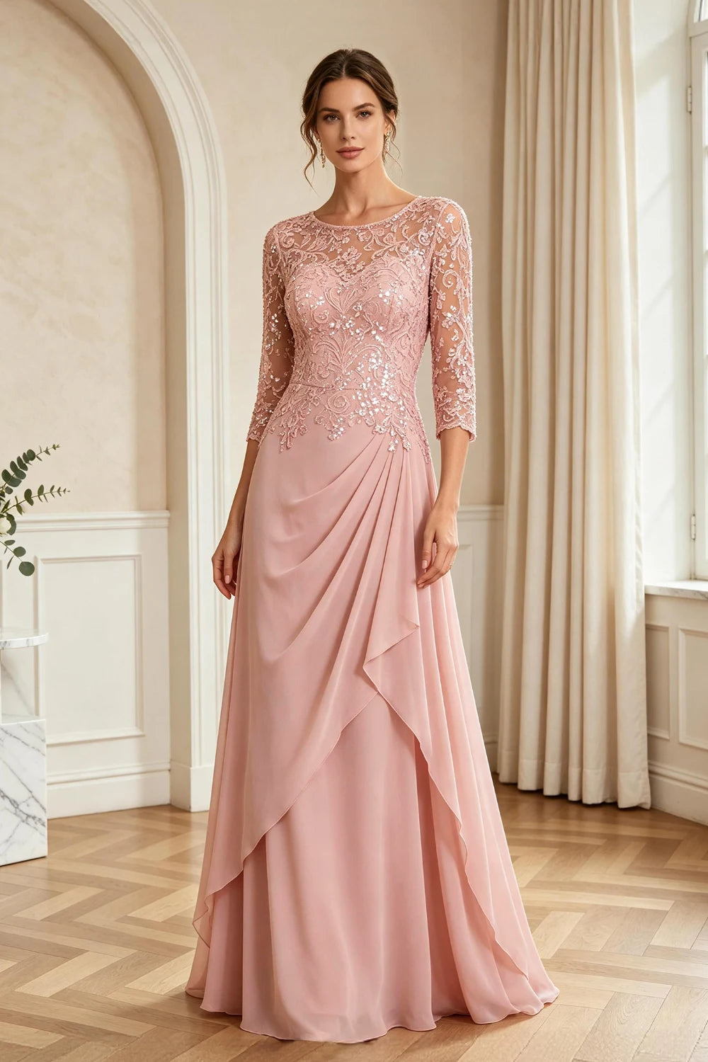 Dusty Rose Lace Bodice Three-Quarter Sleeve Draped Chiffon Floor-Length Dress