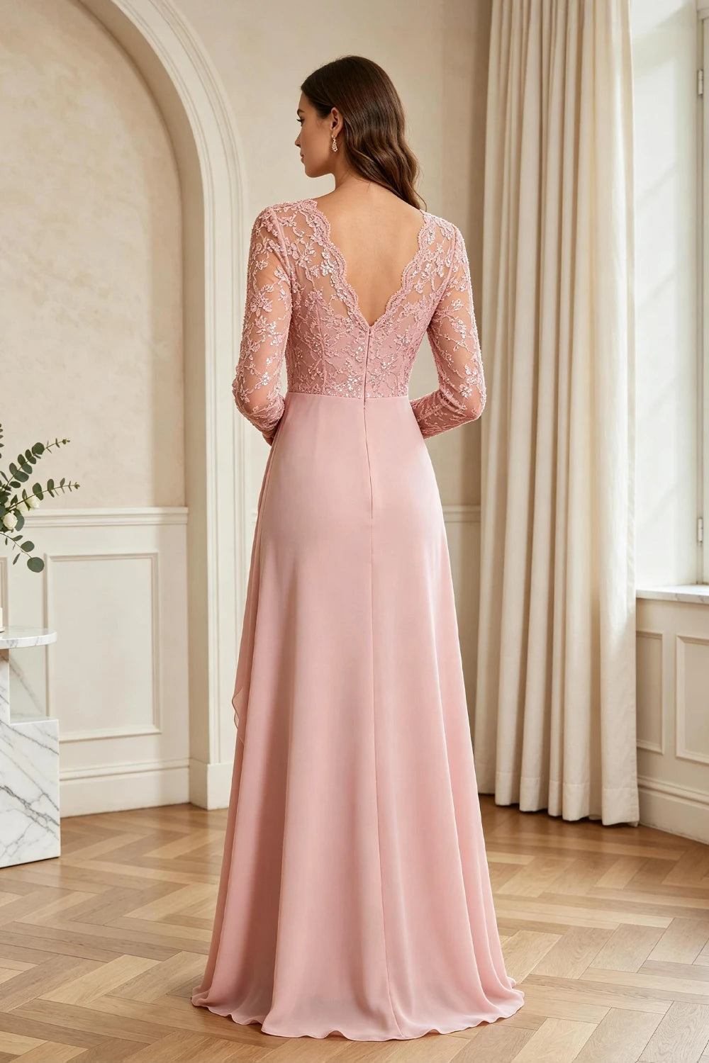 Mauve Lace Long-Sleeve Draped Ruffle Chiffon Floor-Length Dress