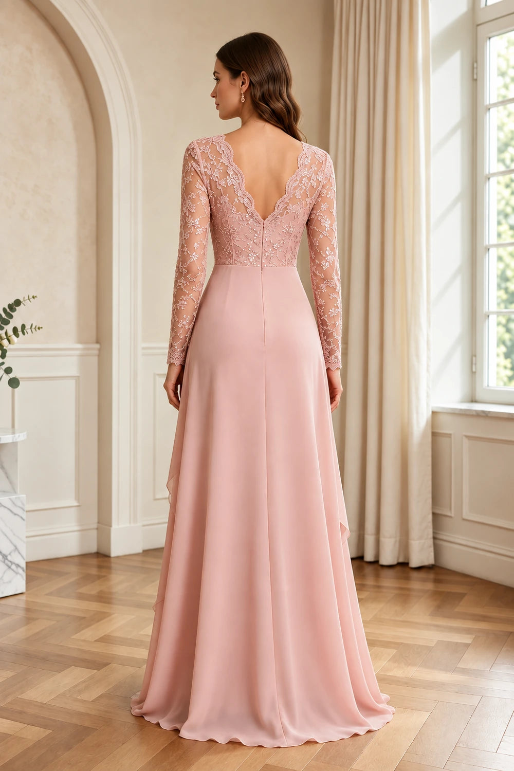 Lace Long-Sleeve Draped Ruffle Chiffon Floor-Length Dress