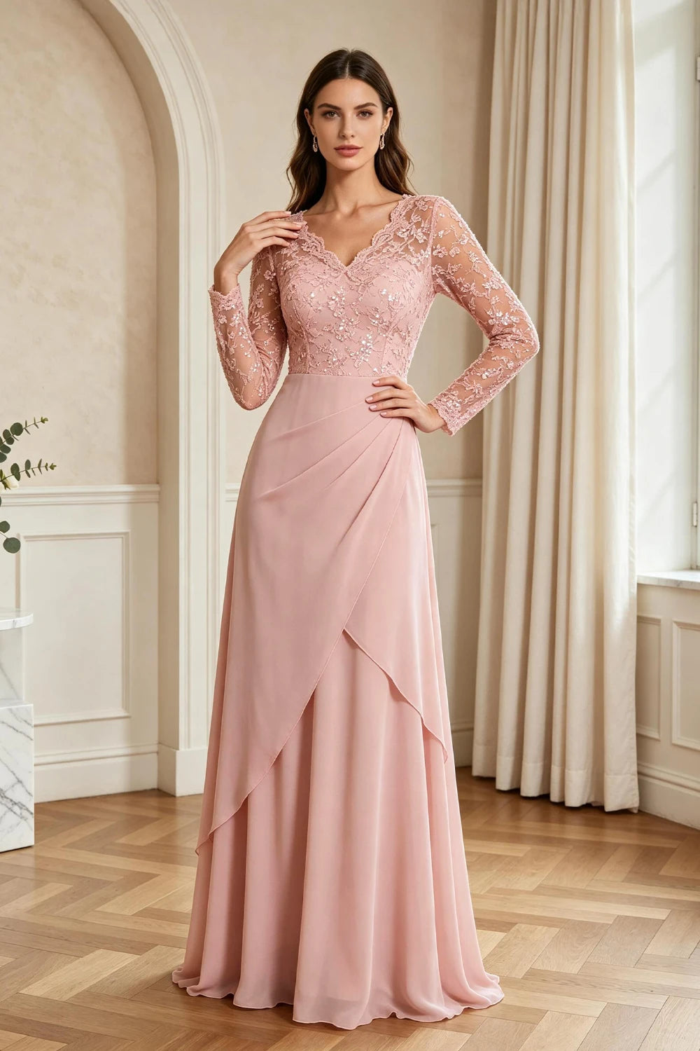 Mauve Lace Long-Sleeve Draped Ruffle Chiffon Floor-Length Dress