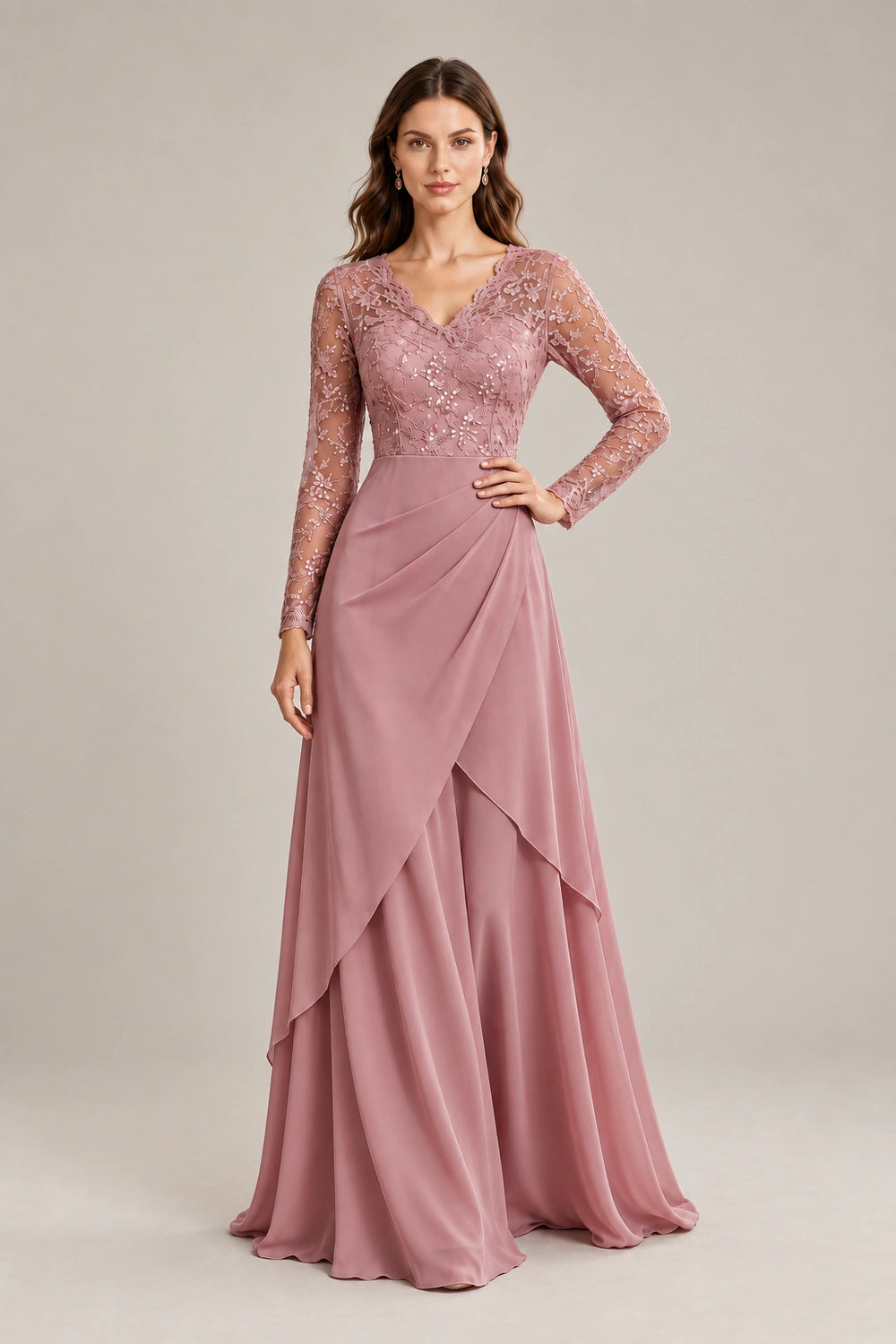 Lace Long-Sleeve Draped Ruffle Chiffon Floor-Length Dress