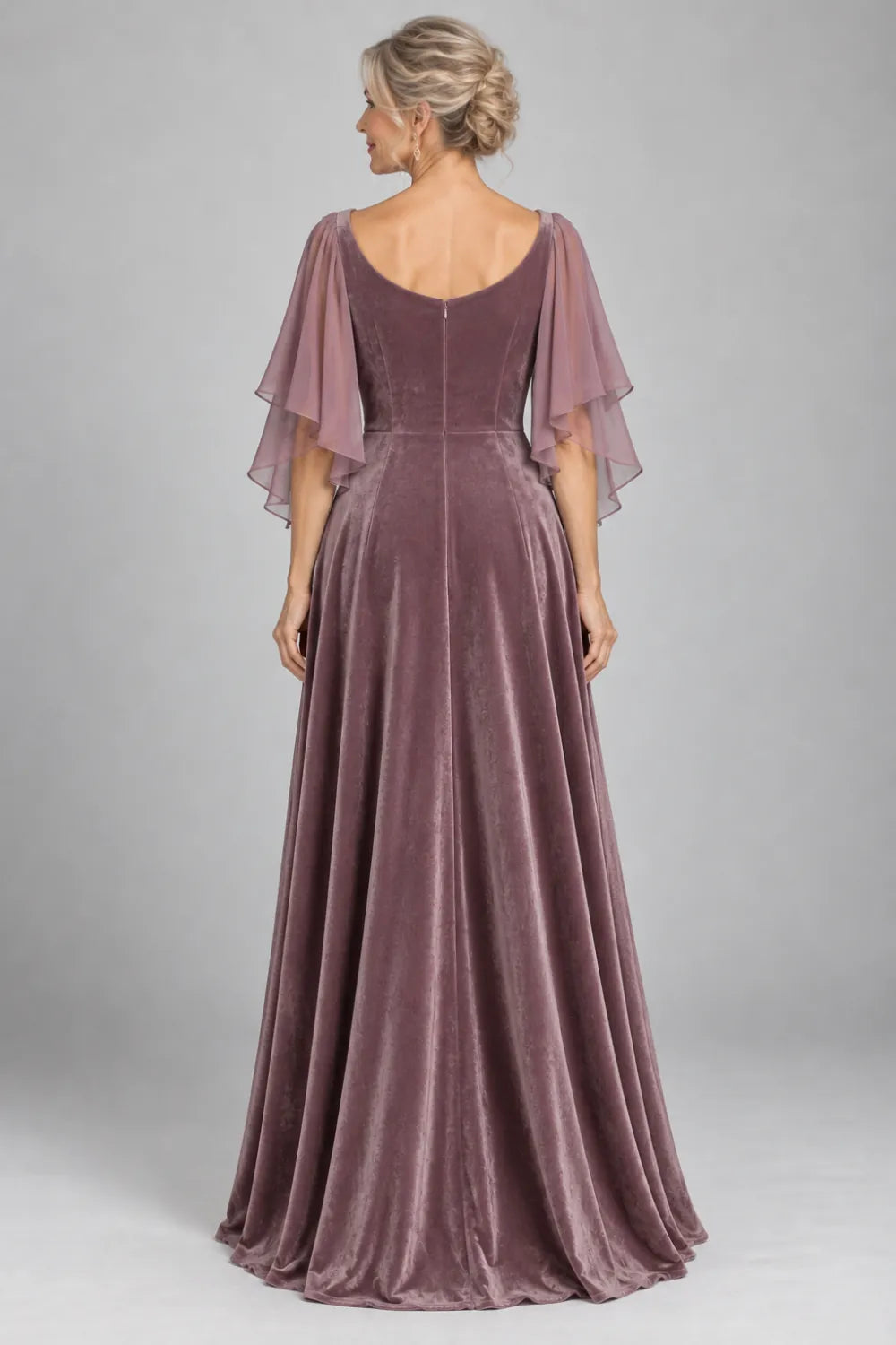 Back view of a mauve a-line gown with layered sheer flutter sleeves.