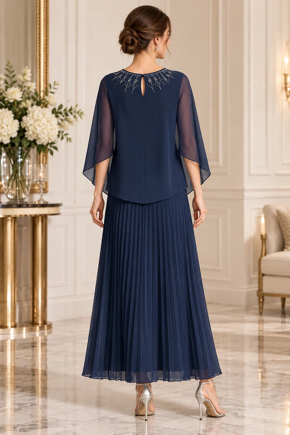 Beaded Cape Sleeve Pleated Chiffon Mother of the Bride Dress