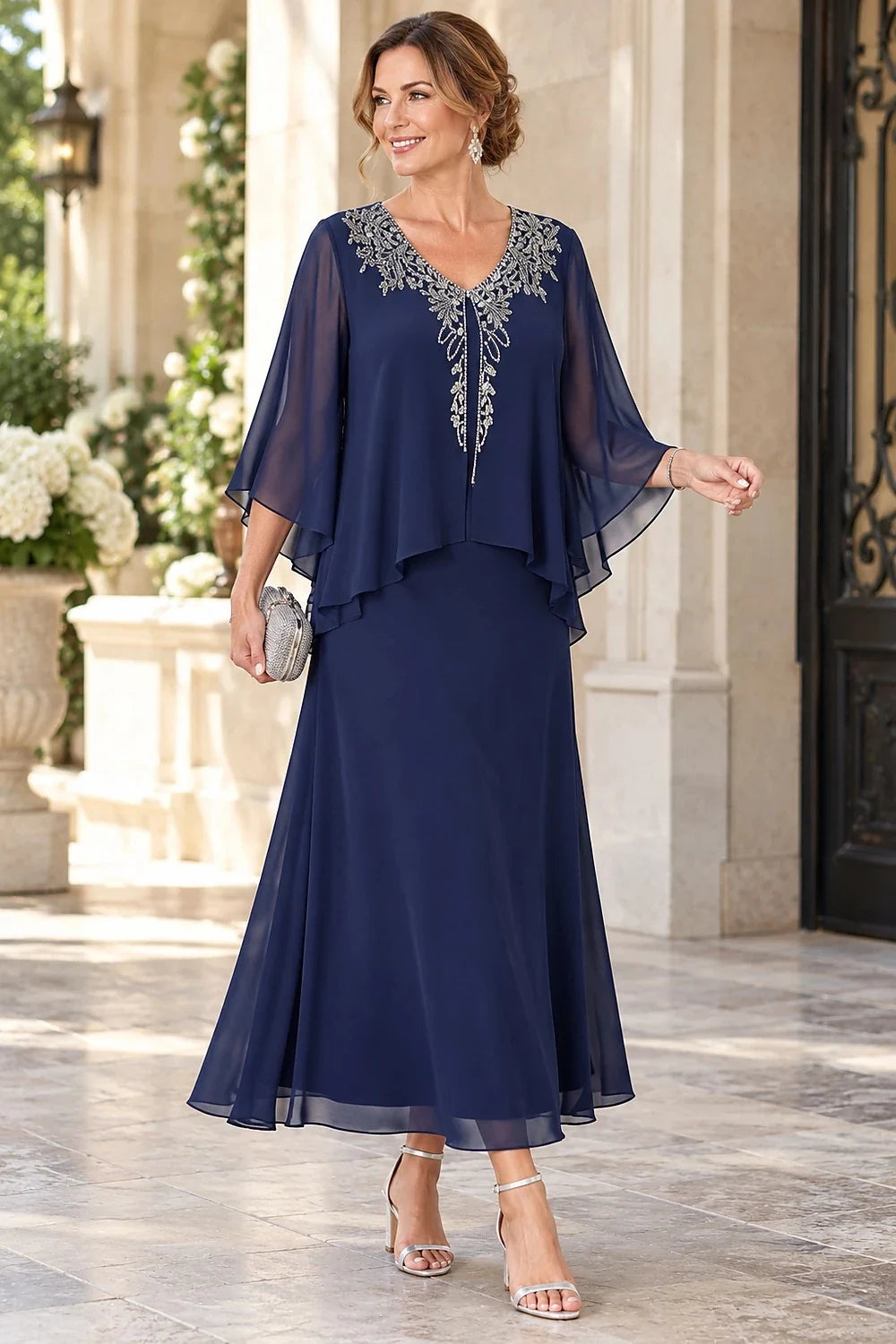 Navy Blue Beaded Overlay Ankle-Length Mother of the Bride Dress