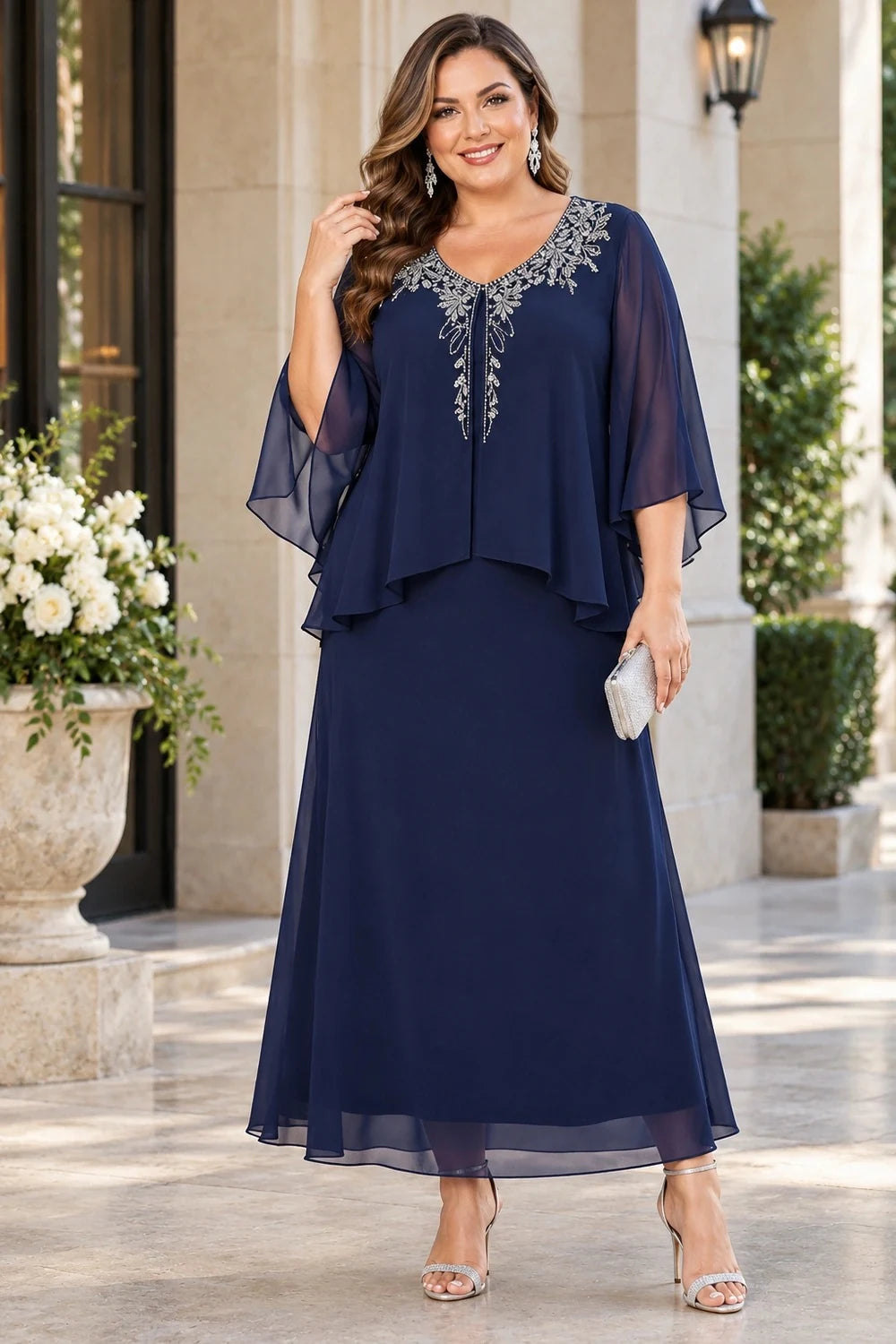 Navy Blue Beaded Overlay Ankle-Length Mother of the Bride Dress