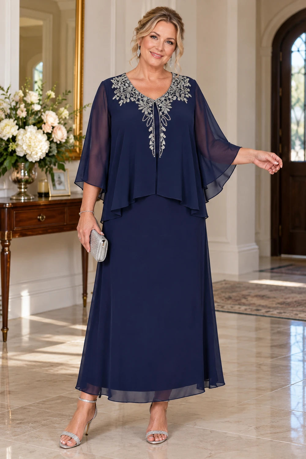 Navy Blue Beaded Overlay Ankle-Length Mother of the Bride Dress