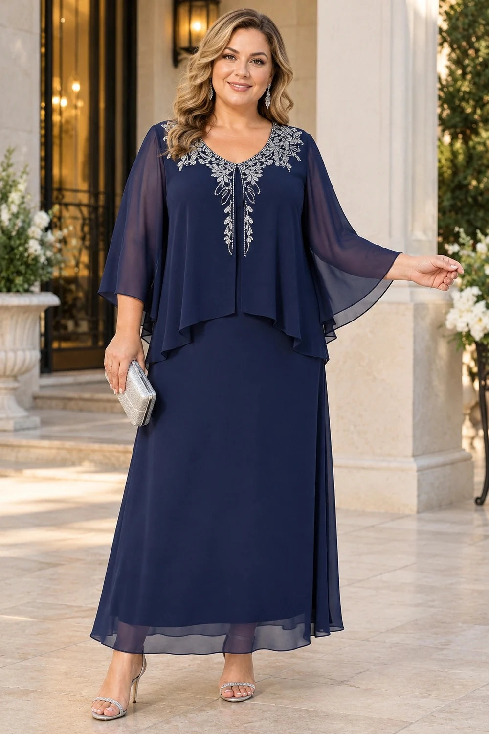Navy Blue Beaded Overlay Ankle-Length Mother of the Bride Dress