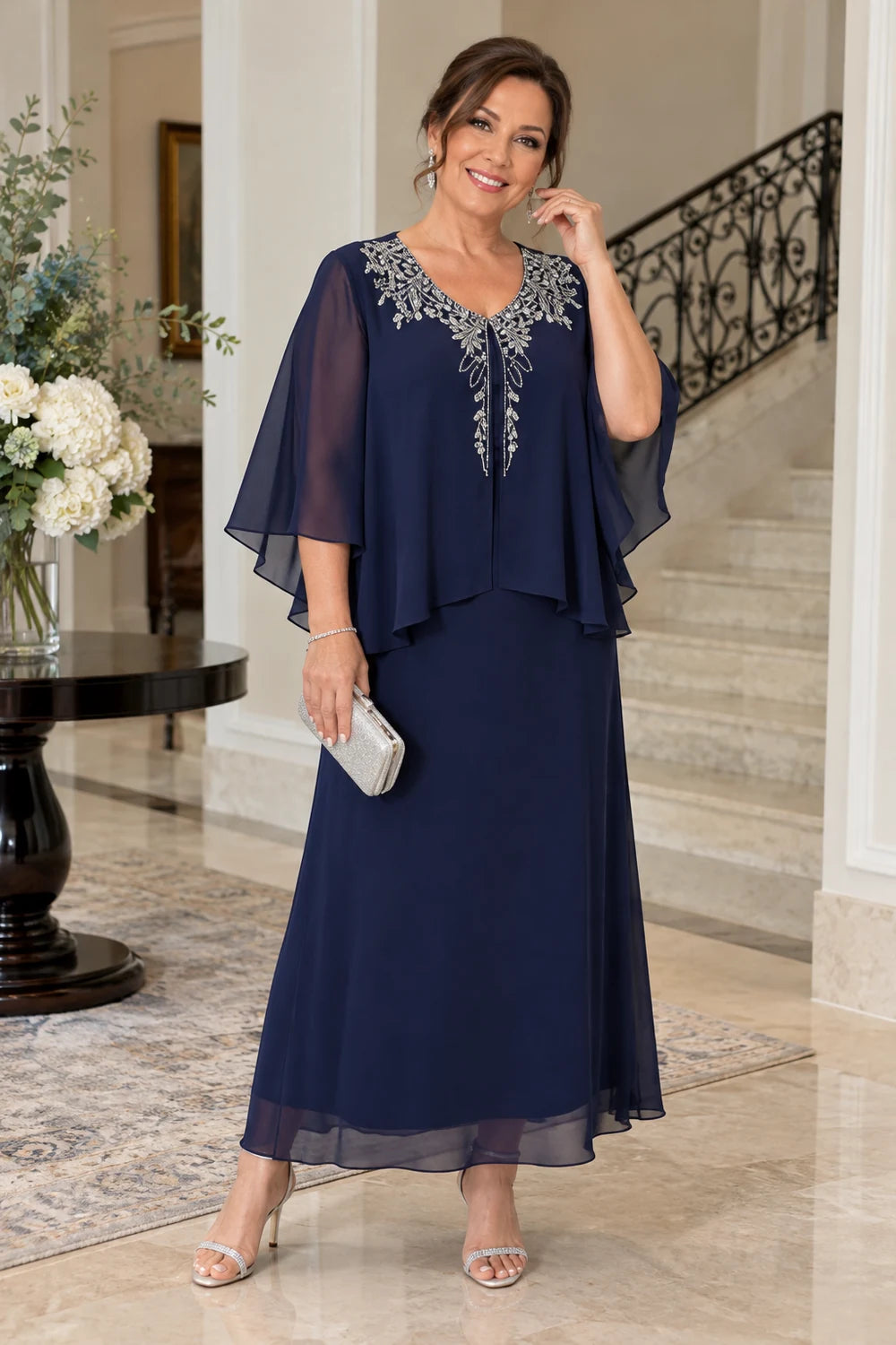 Navy Blue Beaded Overlay Ankle-Length Mother of the Bride Dress