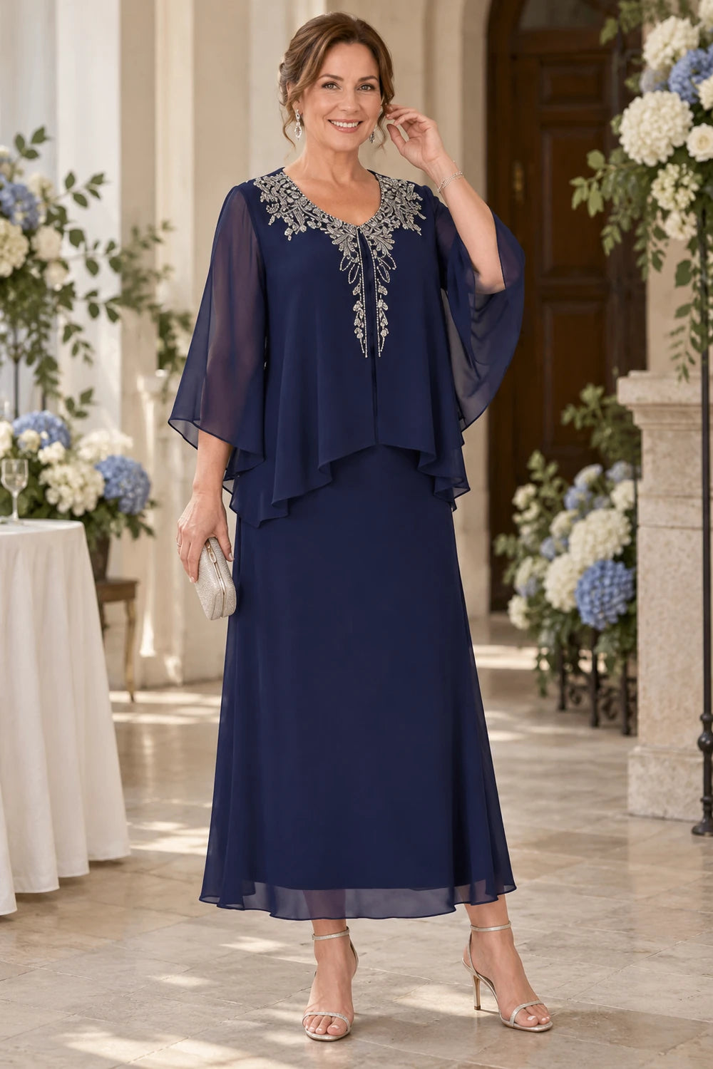 Navy Blue Beaded Overlay Ankle-Length Mother of the Bride Dress